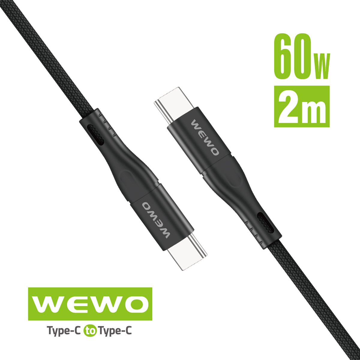 USB Data Cable WEWO CA-47 textile FAST PD 60W/3A Type C na Type C crni 2m