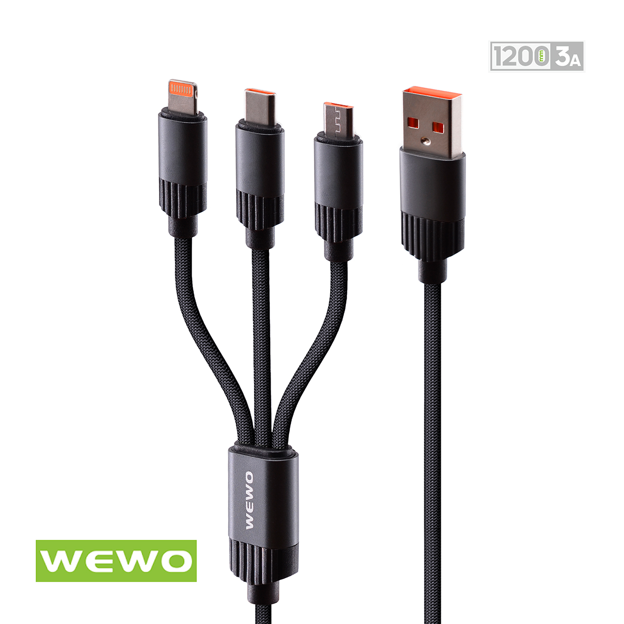 Usb data cable wewo x6 textile 3in1 fast 3a crni 1.2m