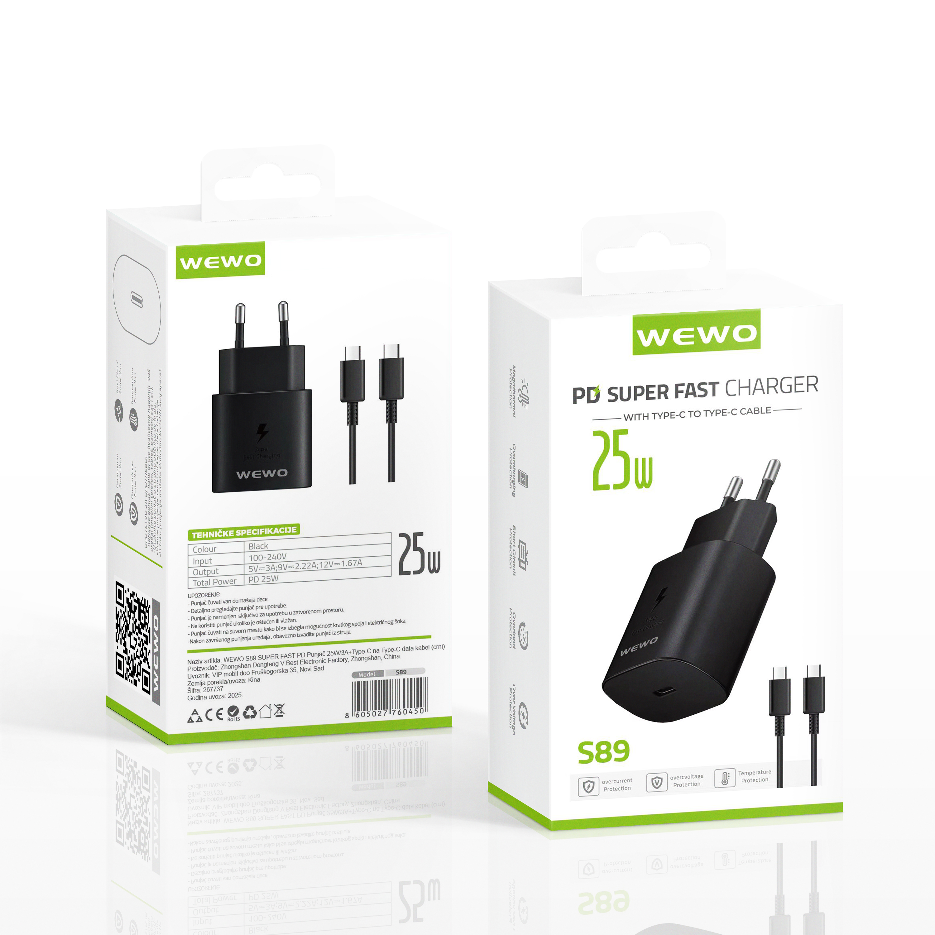 Wewo s89 super fast pd punjač 25w/3a + type-c na type-c data kabel (crni)