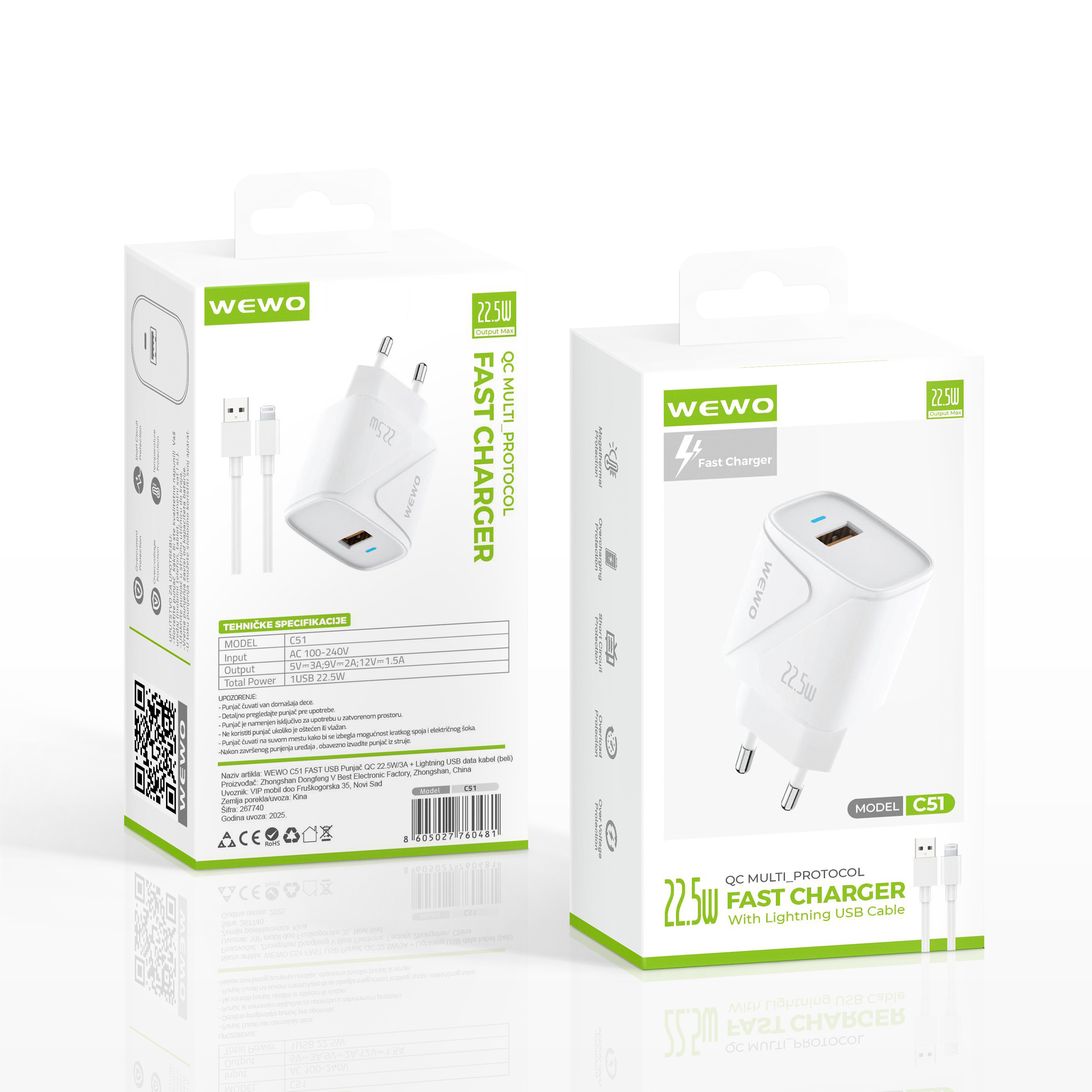 Wewo c51 fast usb punjač qc 22.5w/3a + lightning usb data kabel (beli)