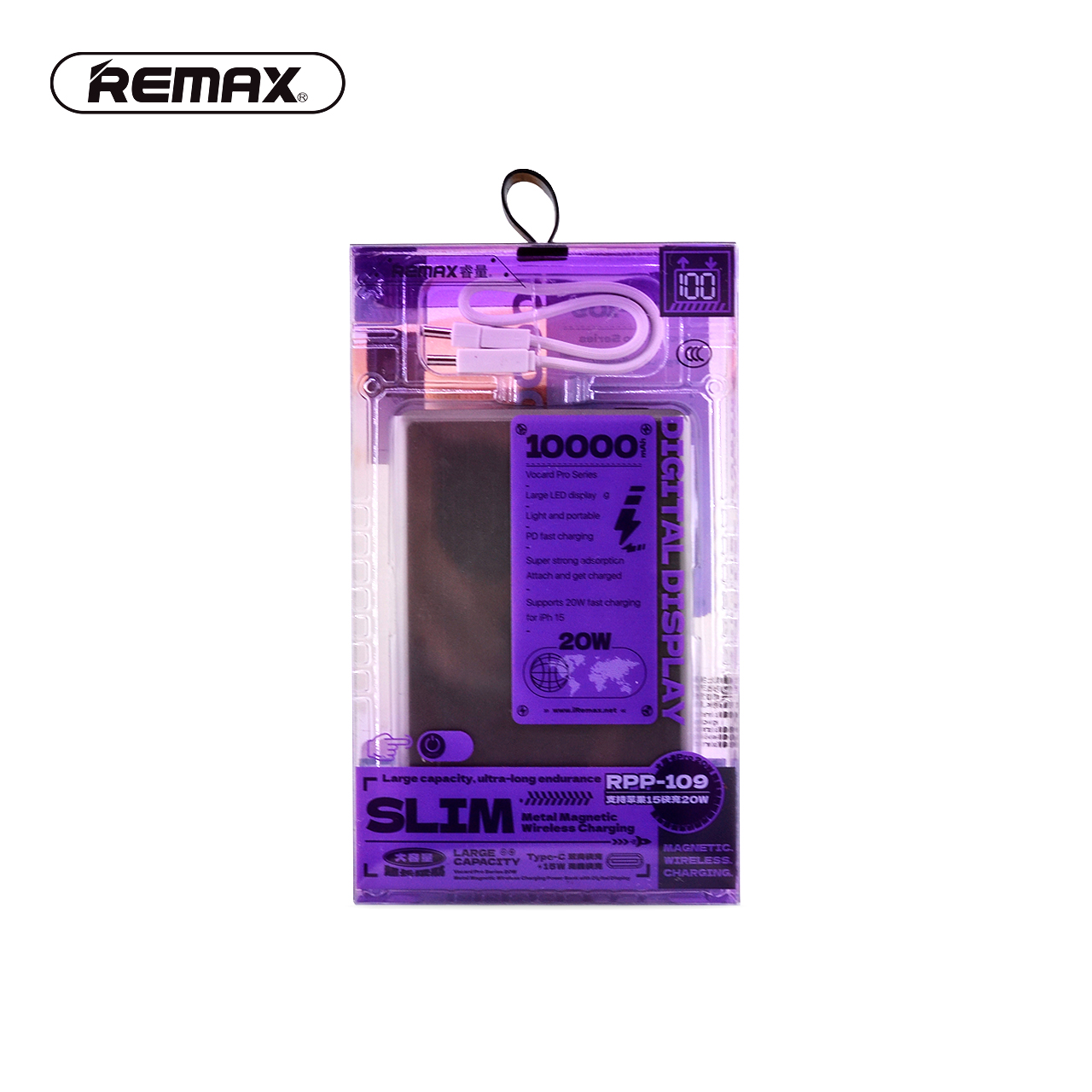 Power bank remax vocard rpp-109 20w magnetic wireless - digital display 10000mah (sivi)