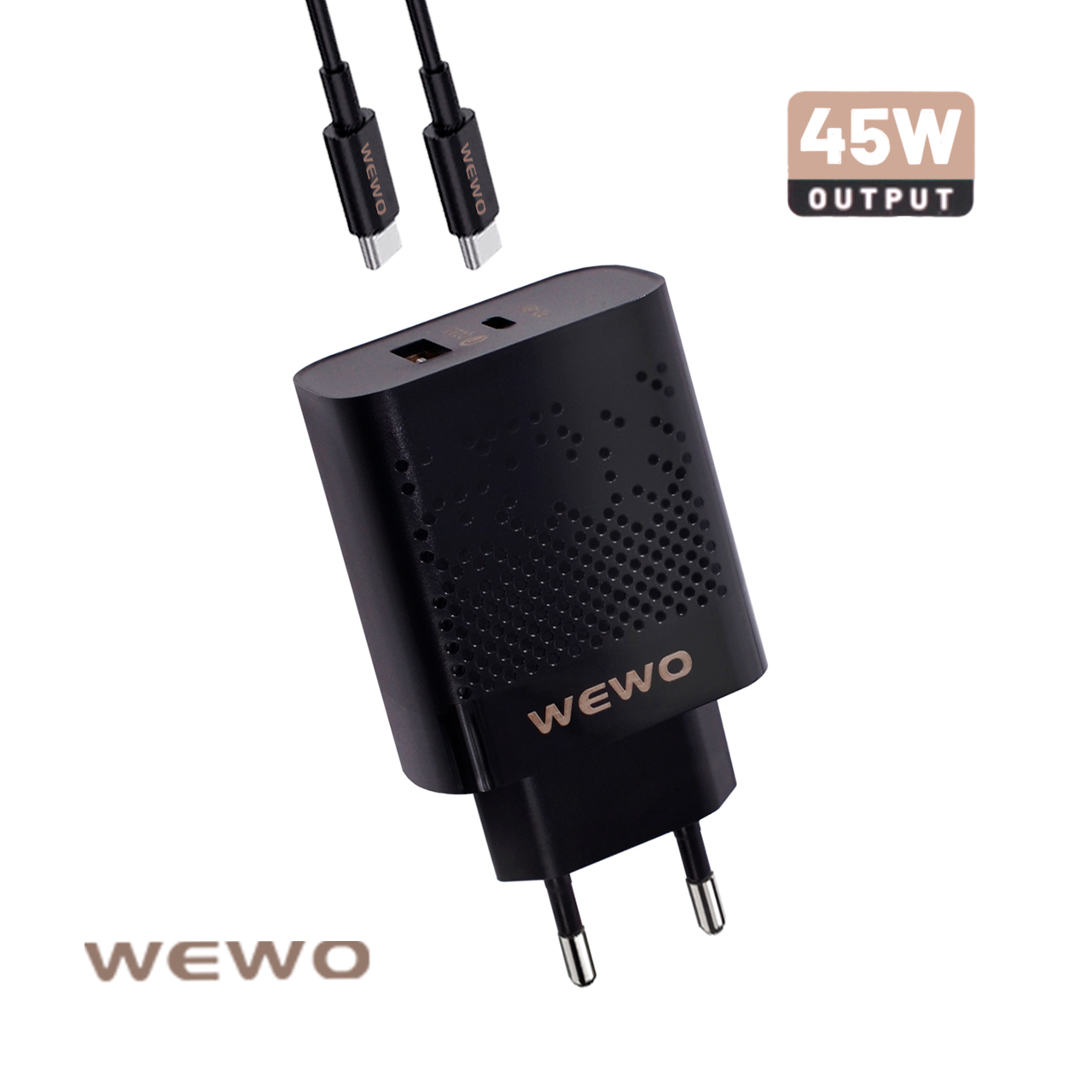 Wewo pd+usb punjač qc 45w/3a + type-c to type-c data cable (crni)