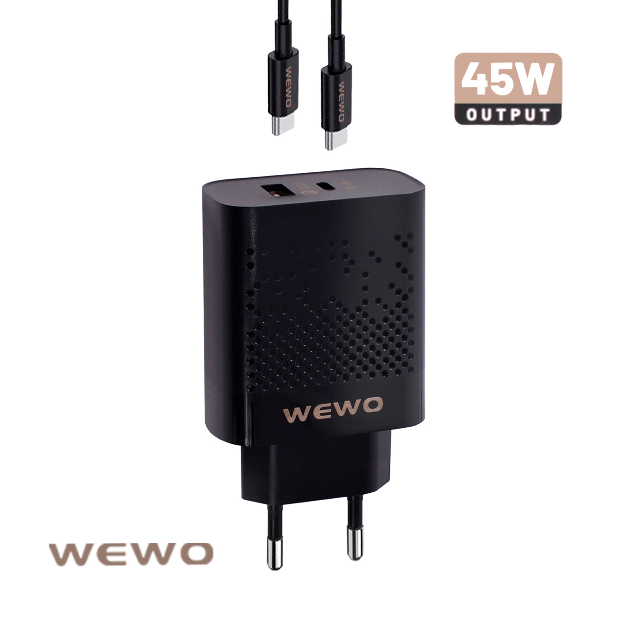 Wewo pd+usb punjač qc 45w/3a + type-c to type-c data cable (crni)