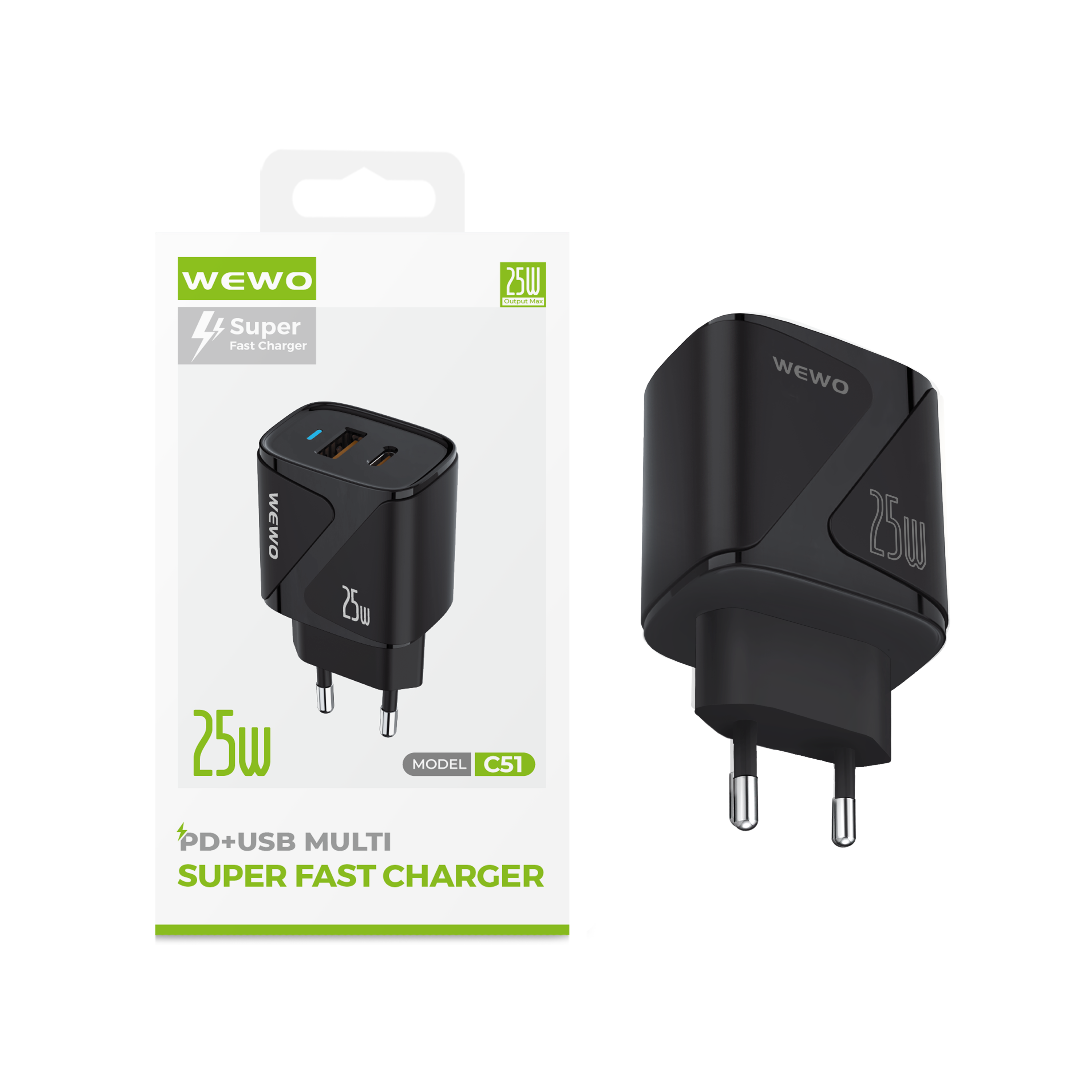 Wewo c51 super fast pd+usb type-c punjač qc 25w/3a (crni)