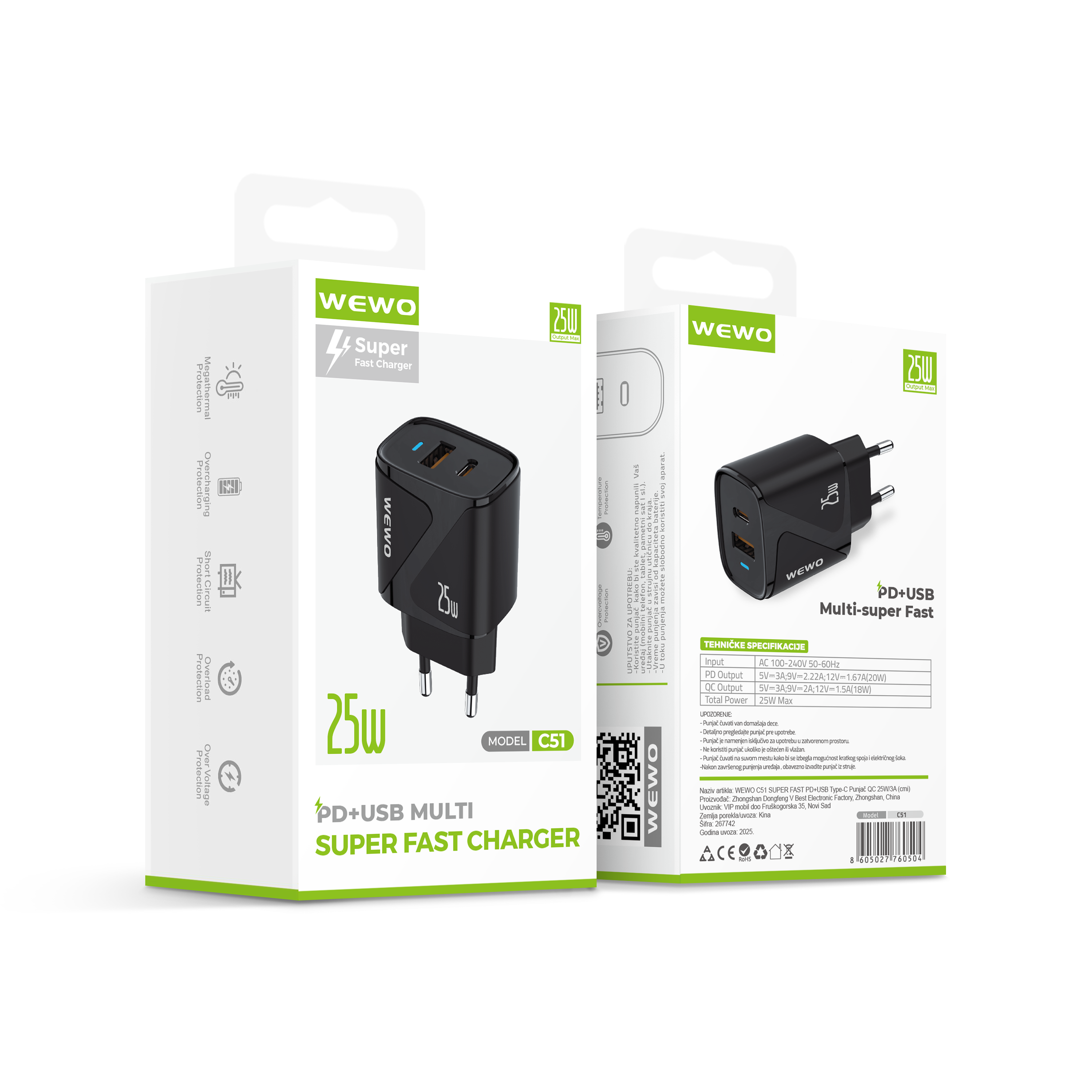 Wewo c51 super fast pd+usb type-c punjač qc 25w/3a (crni)