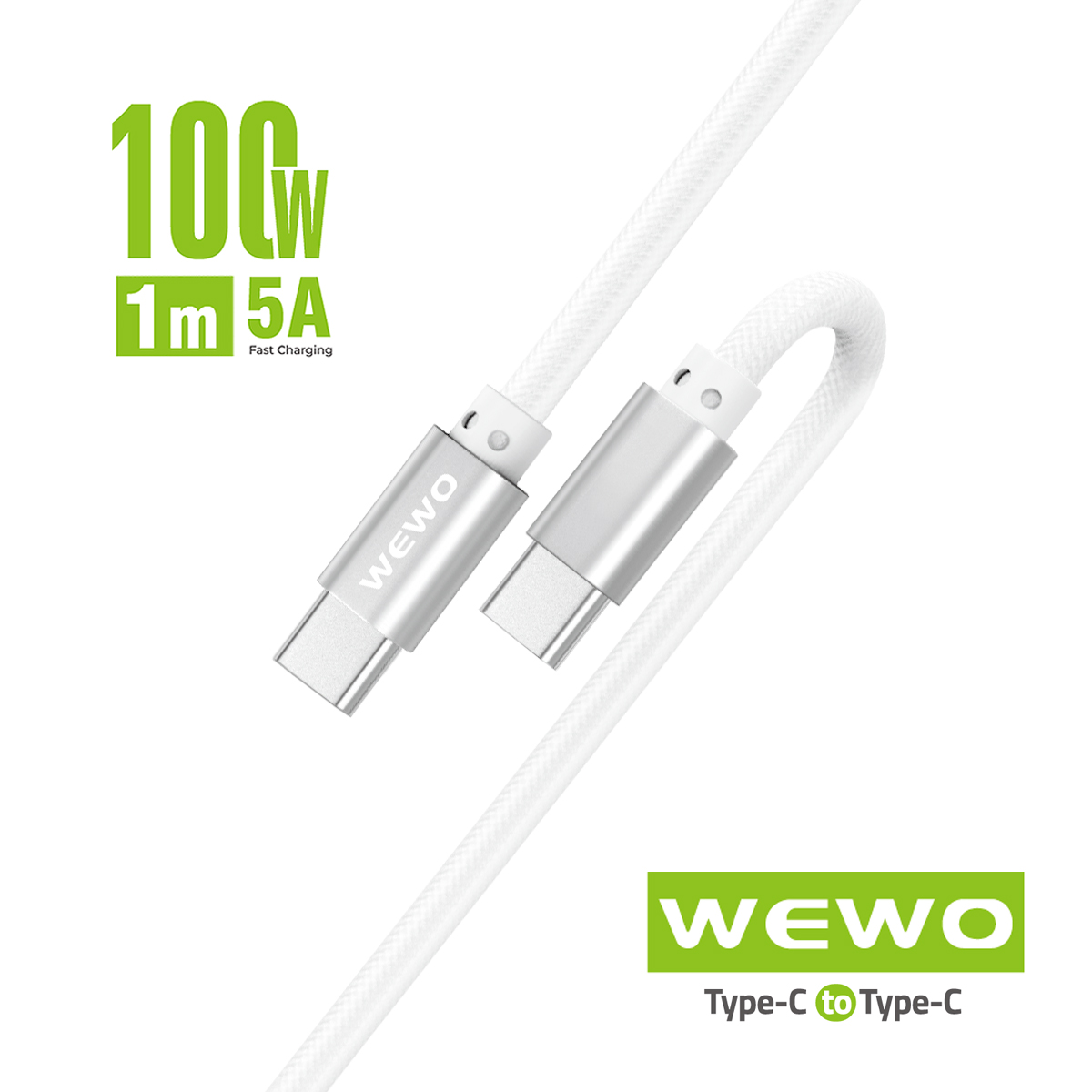 USB Data Cable WEWO WCA-002 textile FAST PD 100W/5A Type C na Type C beli 1m