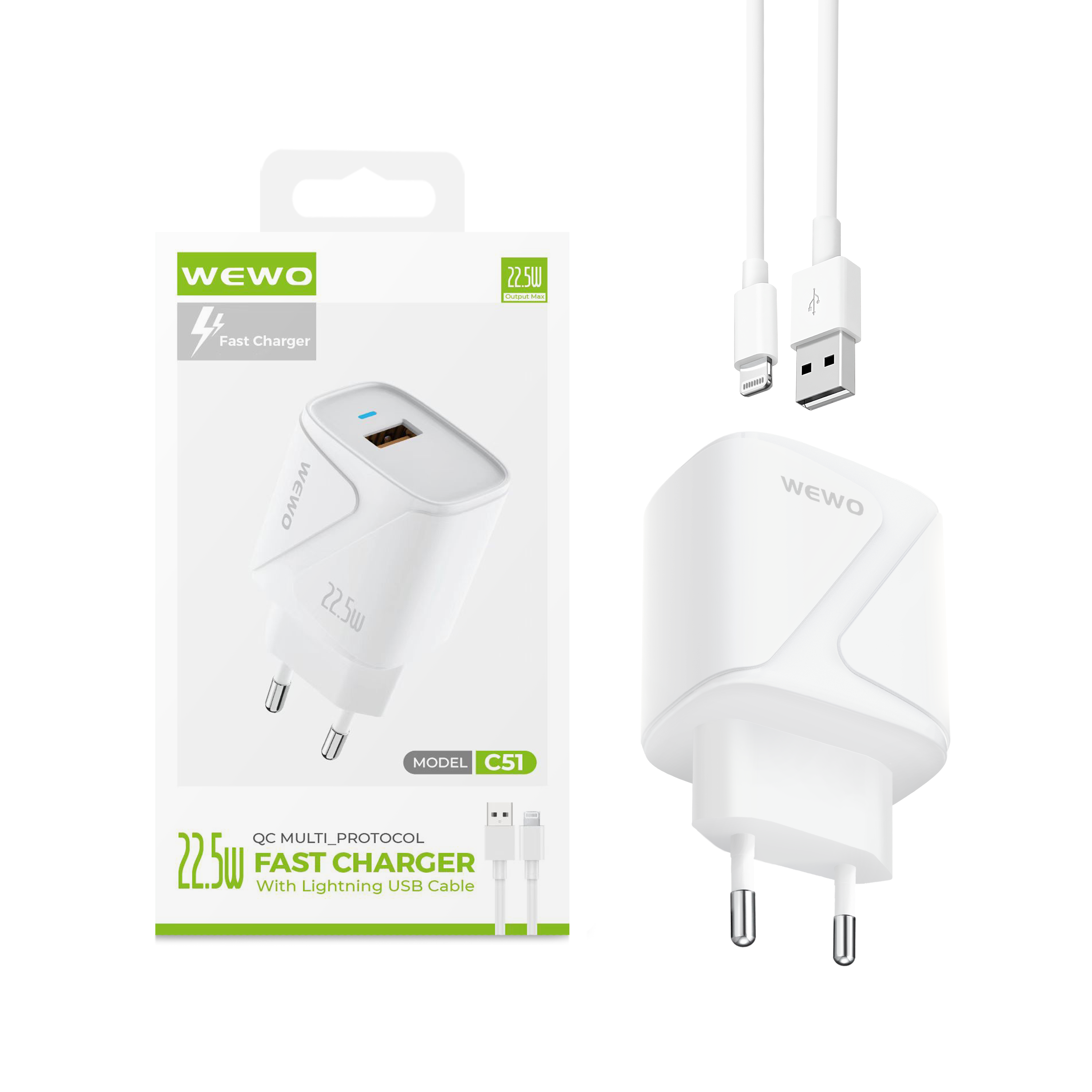 Wewo c51 fast usb punjač qc 22.5w/3a + lightning usb data kabel (beli)