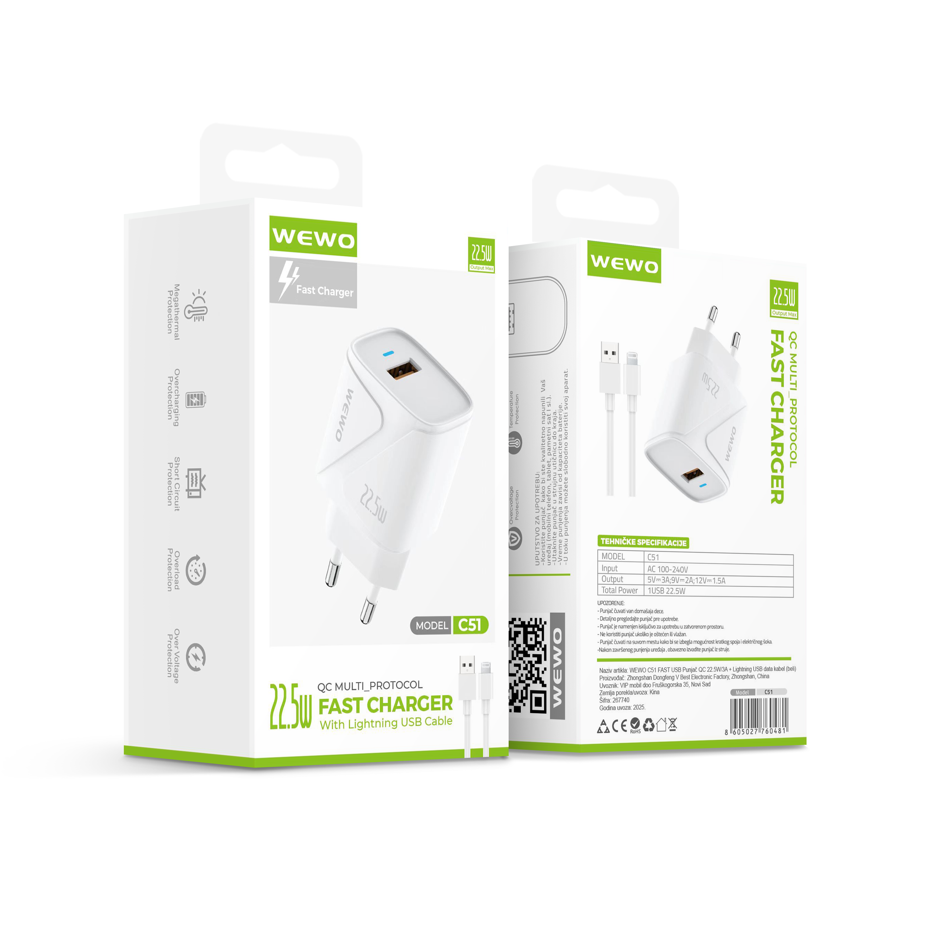 Wewo c51 fast usb punjač qc 22.5w/3a + lightning usb data kabel (beli)