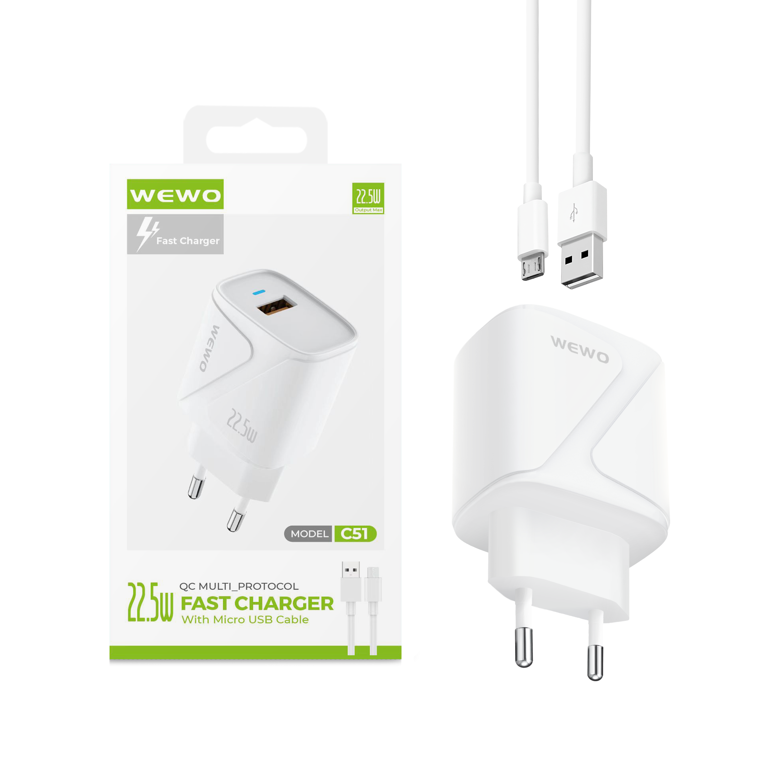 Wewo c51 fast usb punjač qc 22.5w/3a + micro usb data kabel (beli)