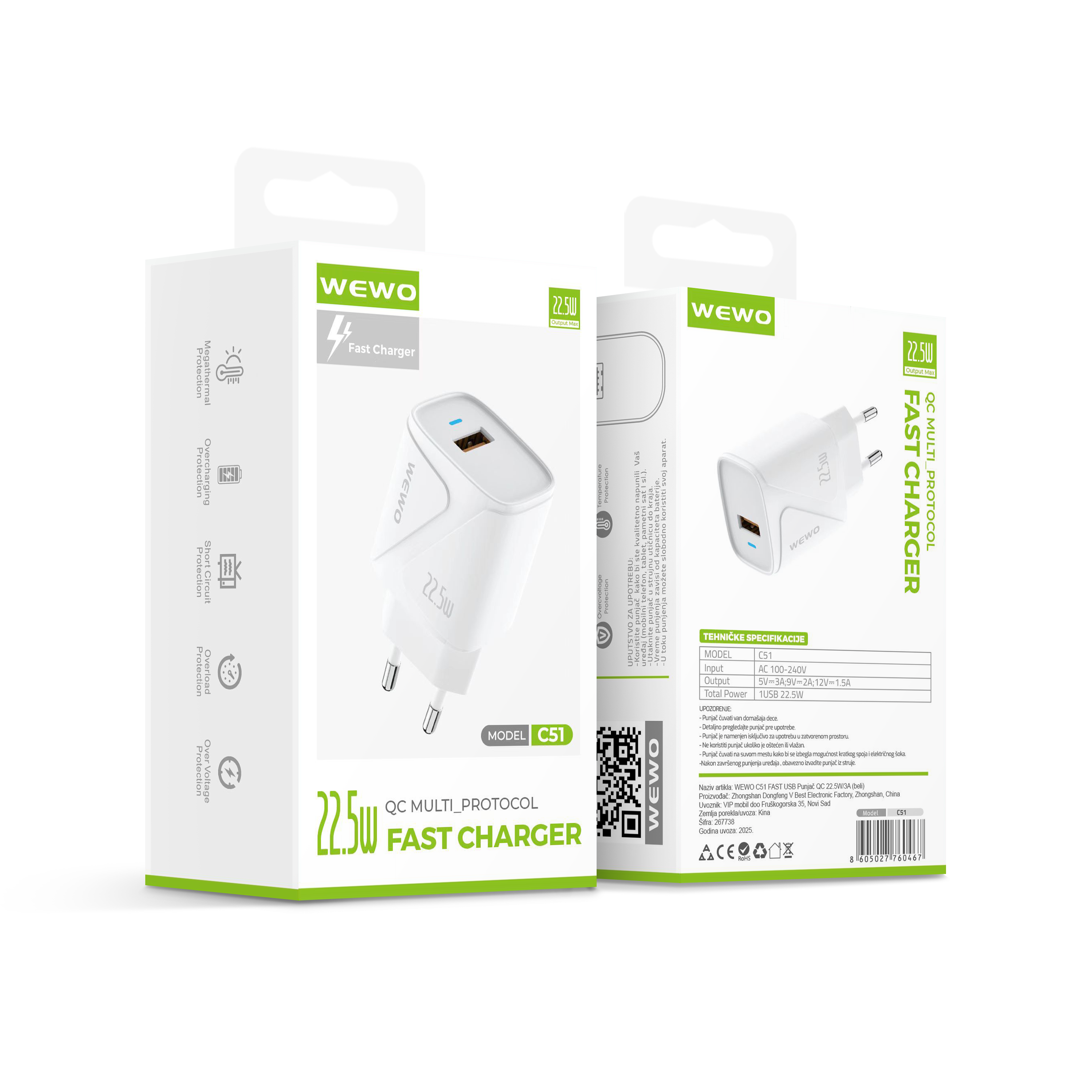 Wewo c51 fast usb punjač qc 22.5w/3a (beli)