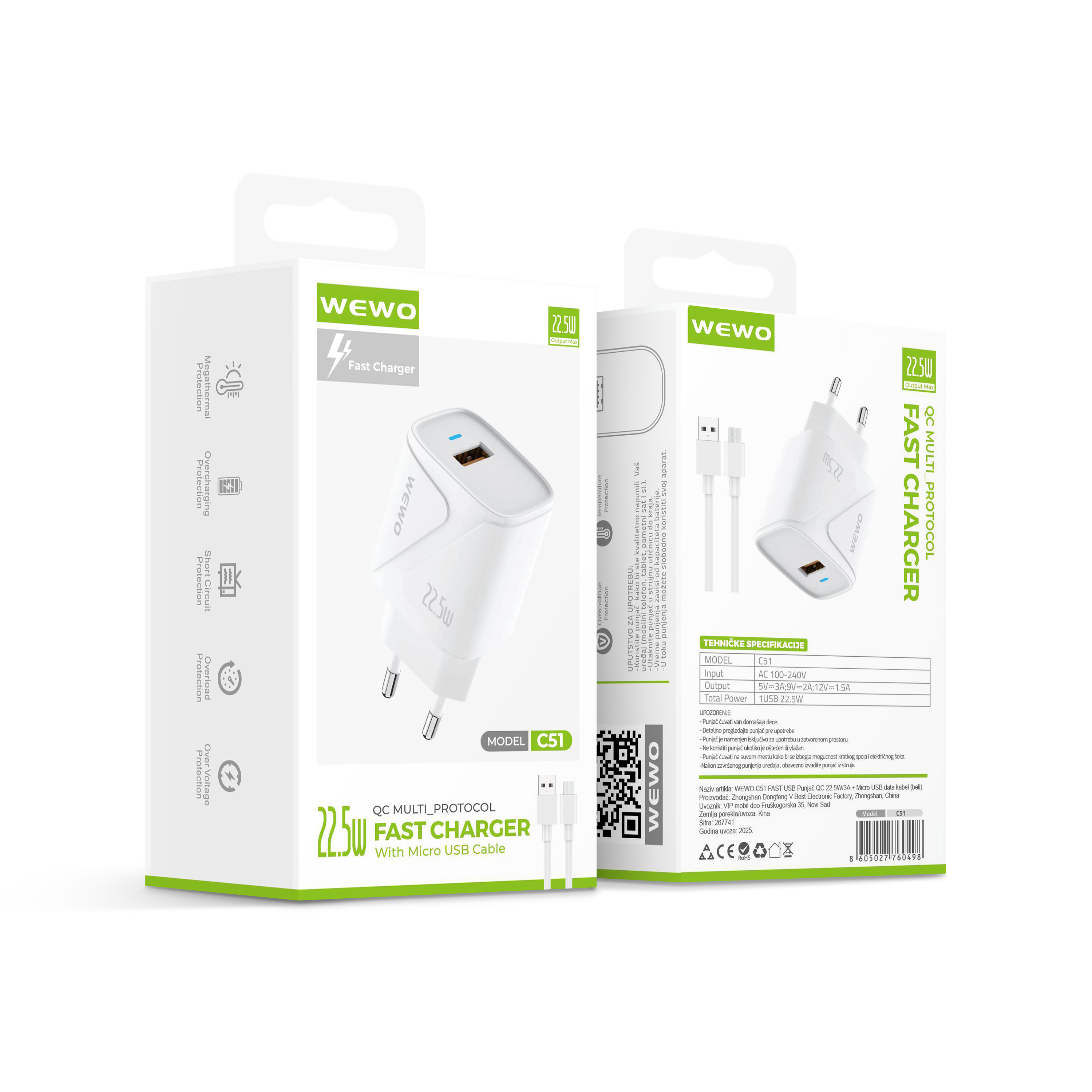 Wewo c51 fast usb punjač qc 22.5w/3a + micro usb data kabel (beli)