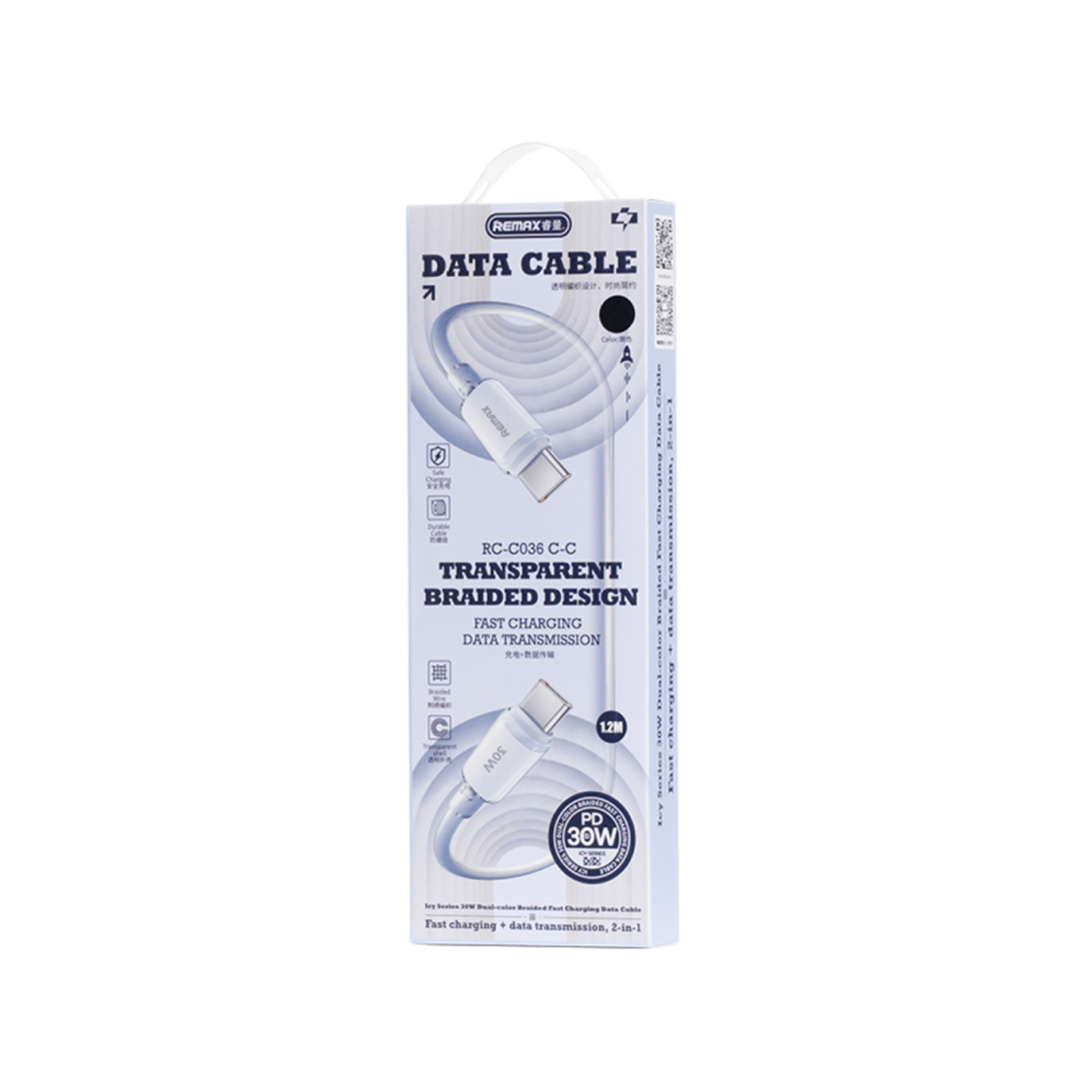 Usb data cable remax rc-c036 icy 30w fast charge type-c na type-c crni 1.2m