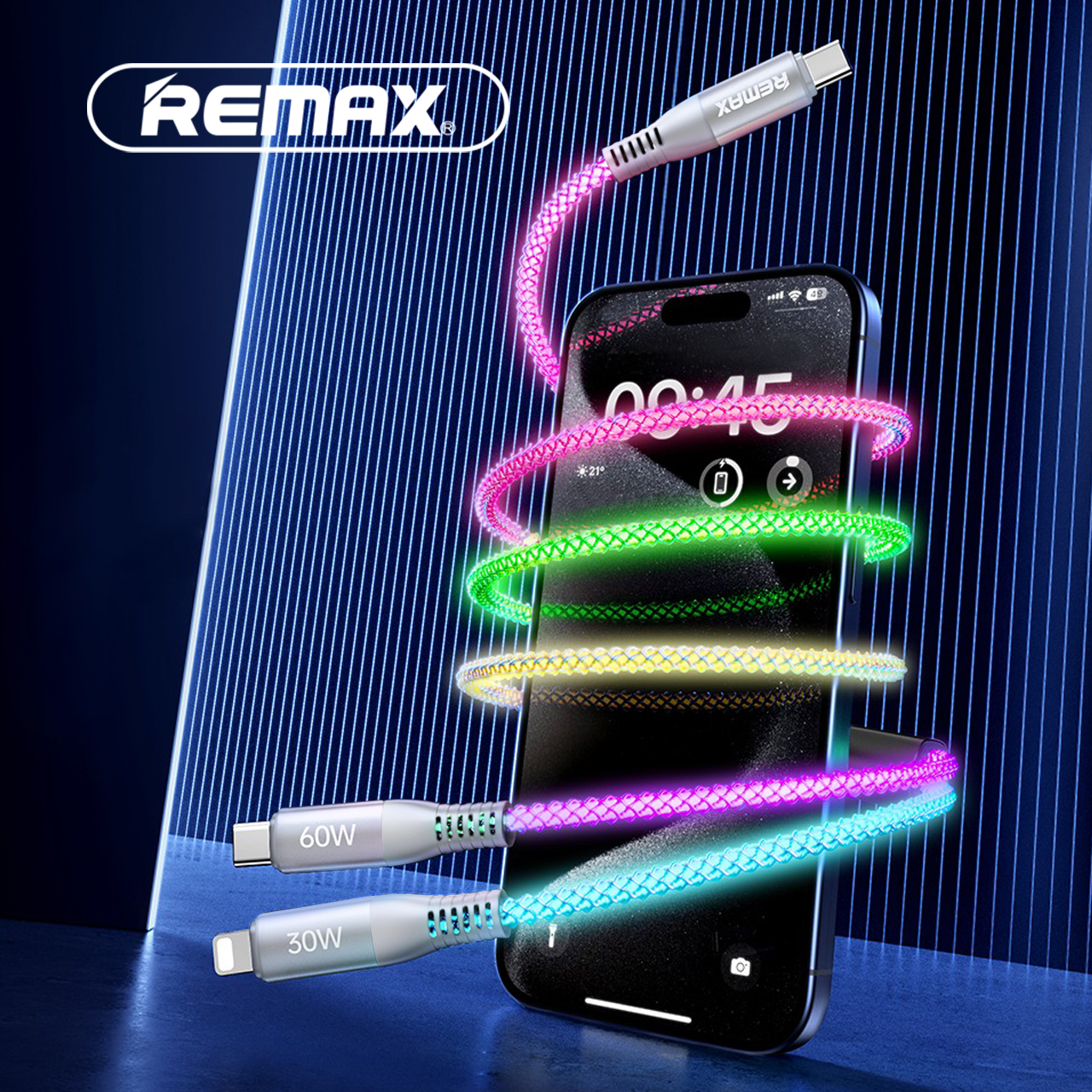 USB Data Cable REMAX RC-C003 FANTASY 65W FAST CHARGE  2in1 Type-C na Type-C +  iPhone LUMINOUS svetleći 1.2m