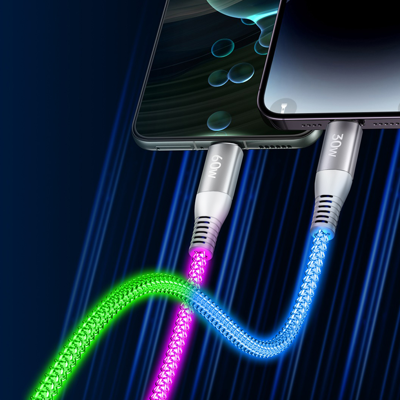 Usb data cable remax rc-c003 fantasy 65w fast charge  2in1 type-c na type-c +  iphone luminous svetleći 1.2m