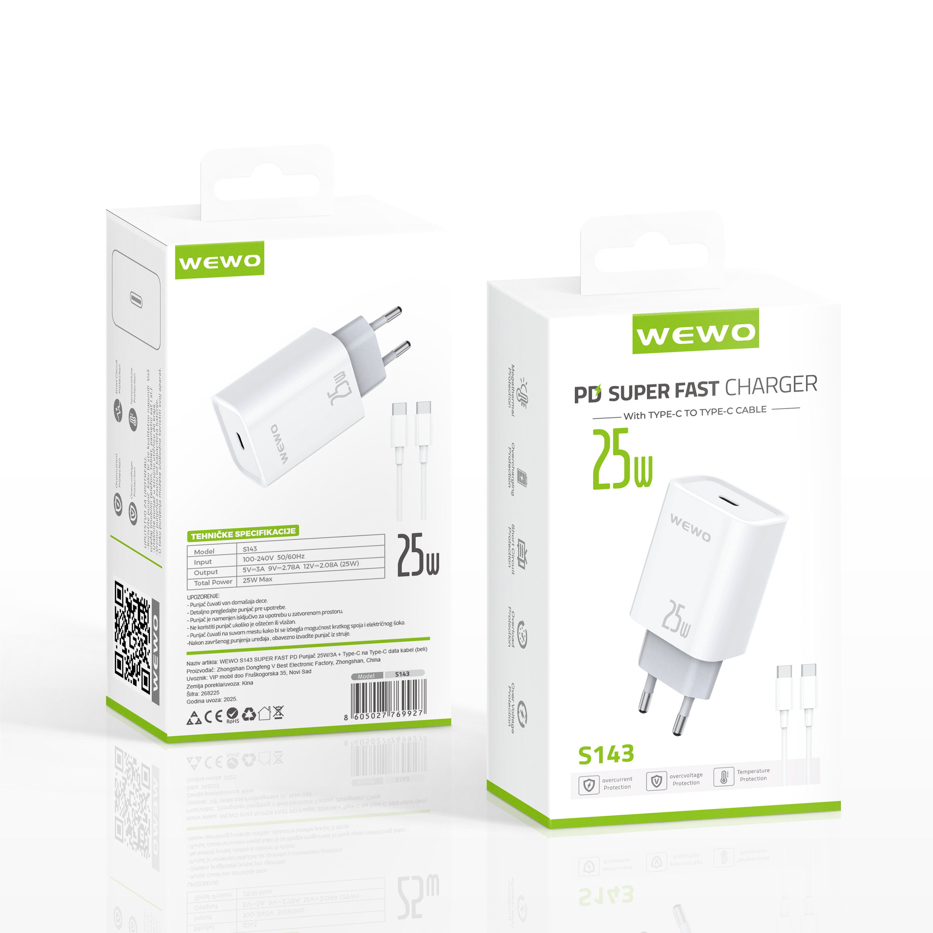 Wewo s143 super fast pd punjač 25w/3a + type-c na type-c data kabel (beli)