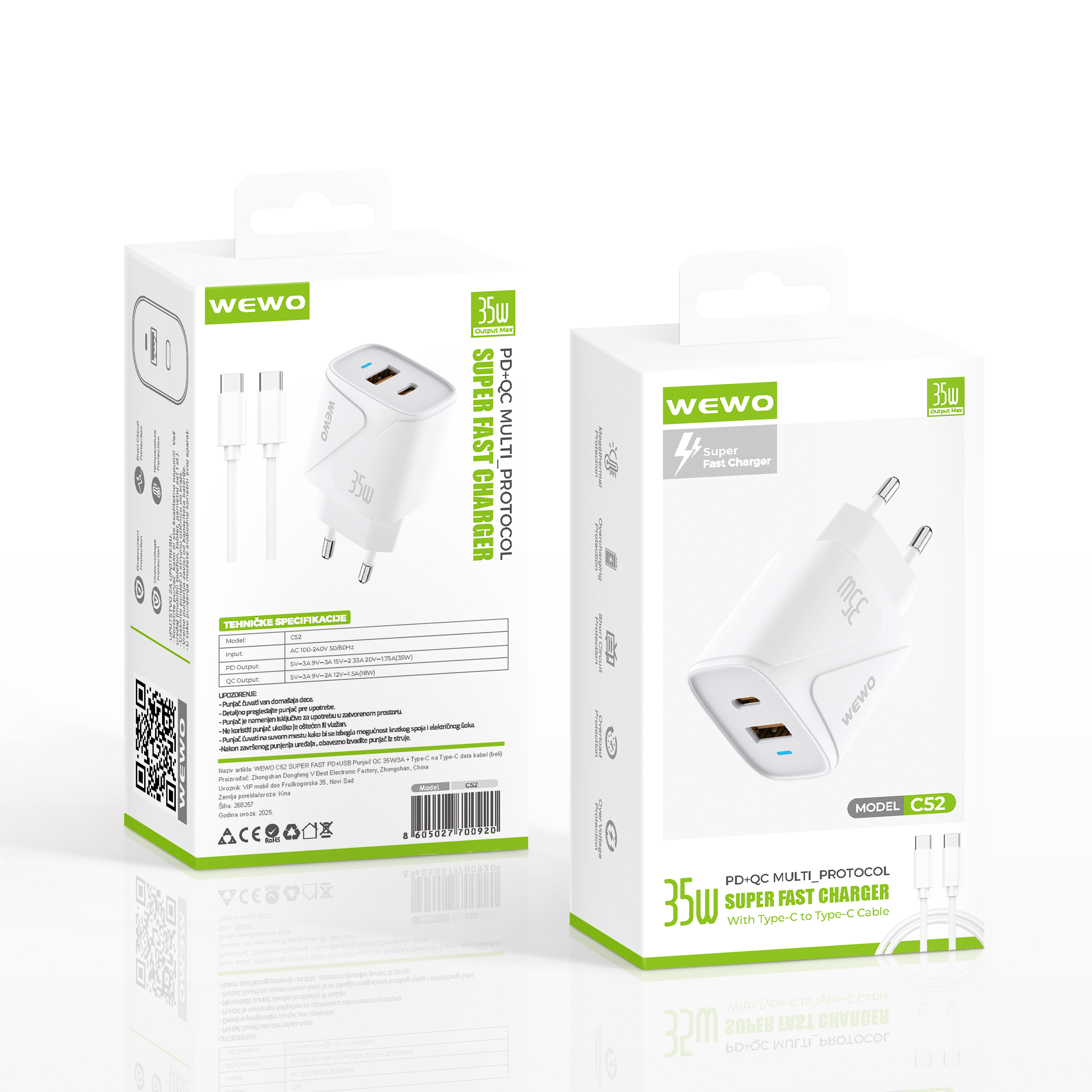 Wewo c52 super fast pd+usb punjač qc 35w/3a + type-c na type-c data kabel (beli)
