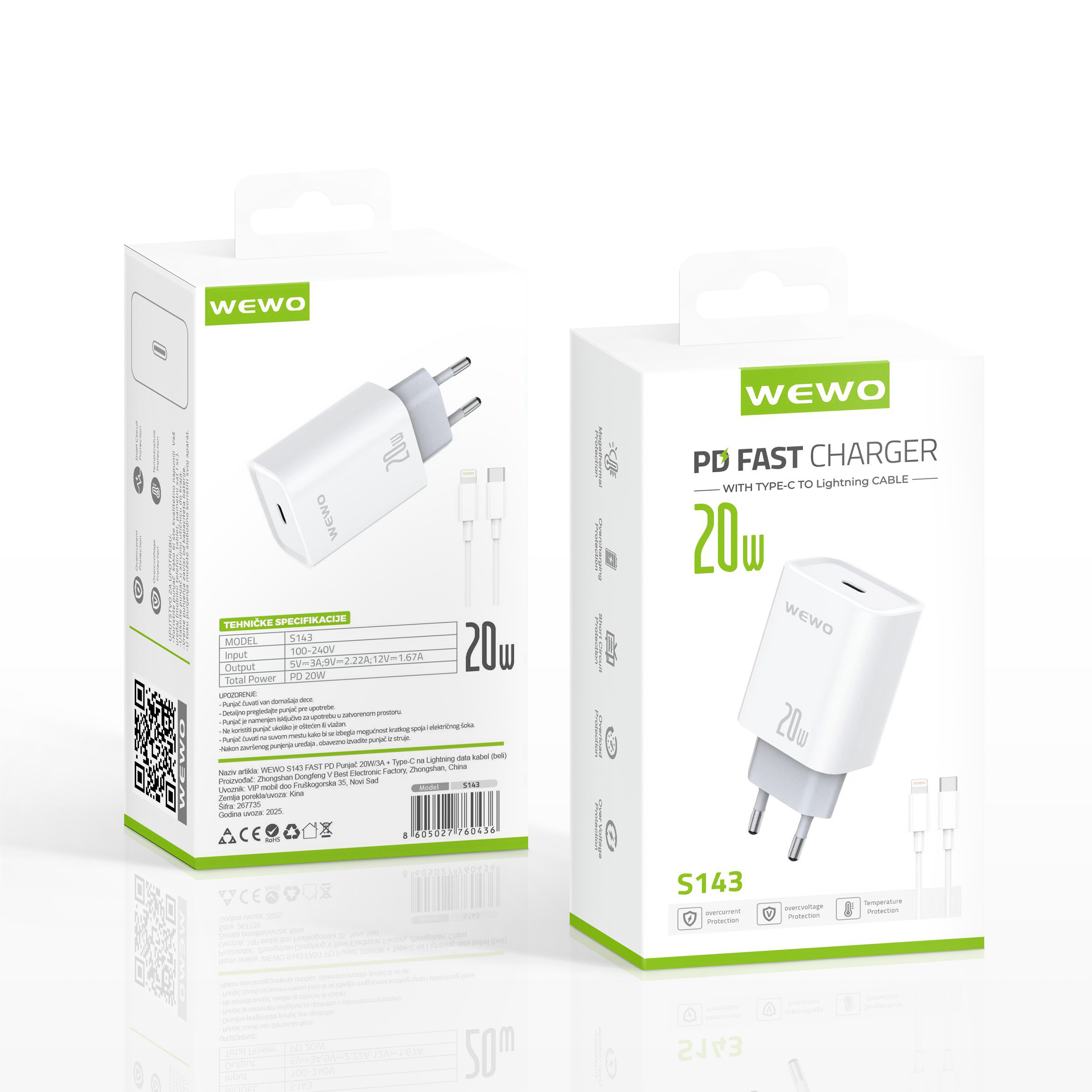 Wewo s143 fast pd punjač 20w/3a + type-c na lightning data kabel (beli)