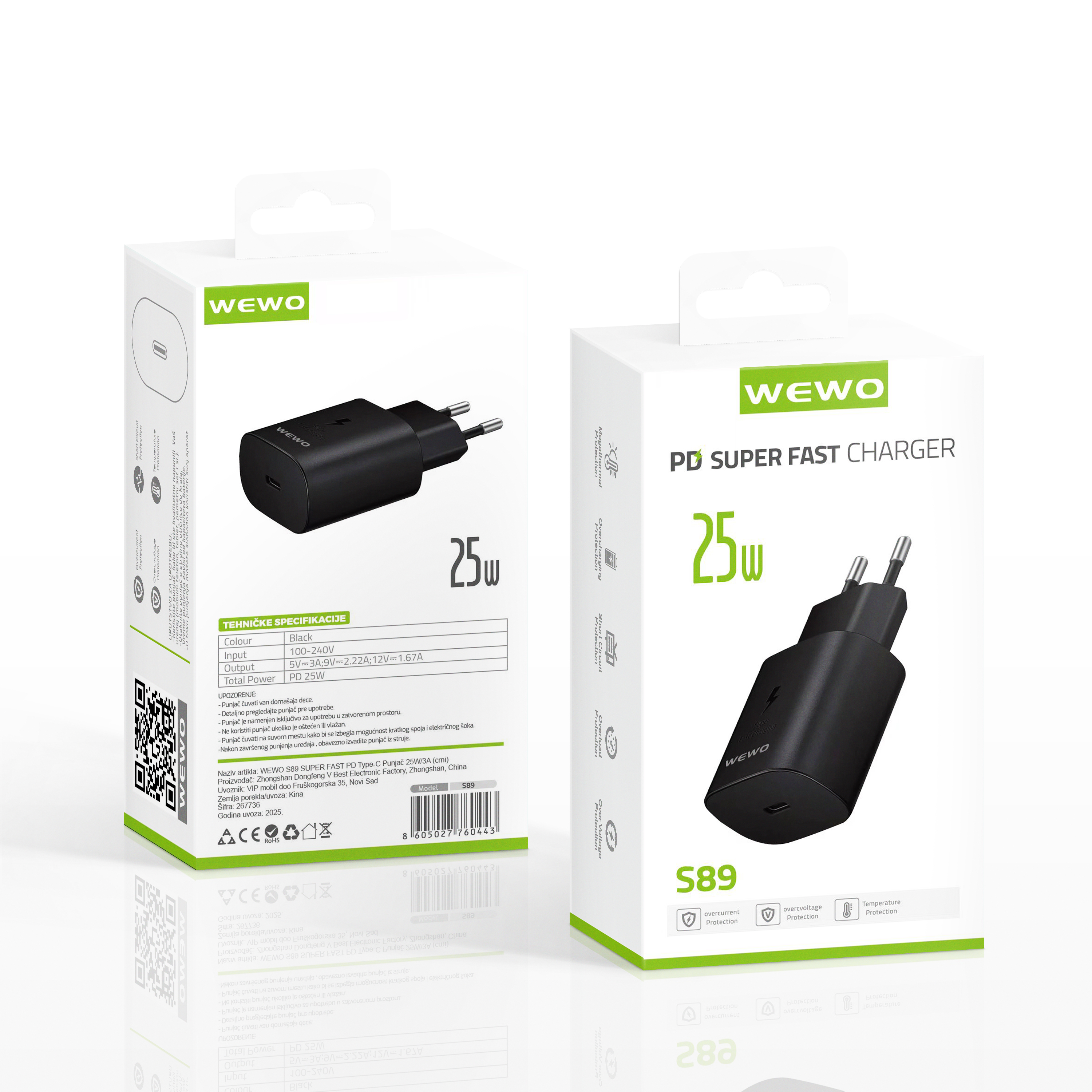 Wewo s89 super fast pd type-c punjač 25w/3a (crni)
