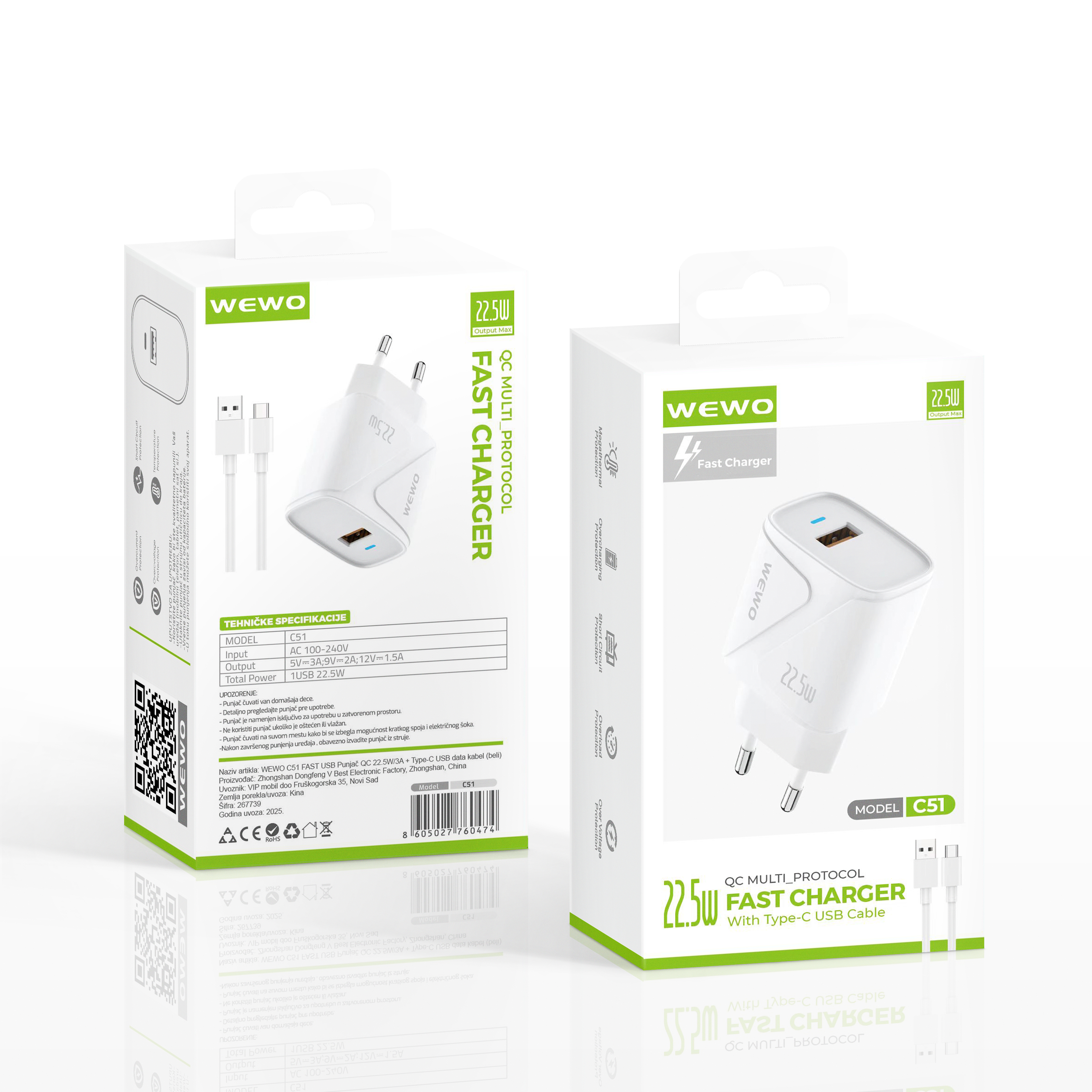 Wewo c51 fast usb punjač qc 22.5w/3a + type-c usb data kabel (beli)