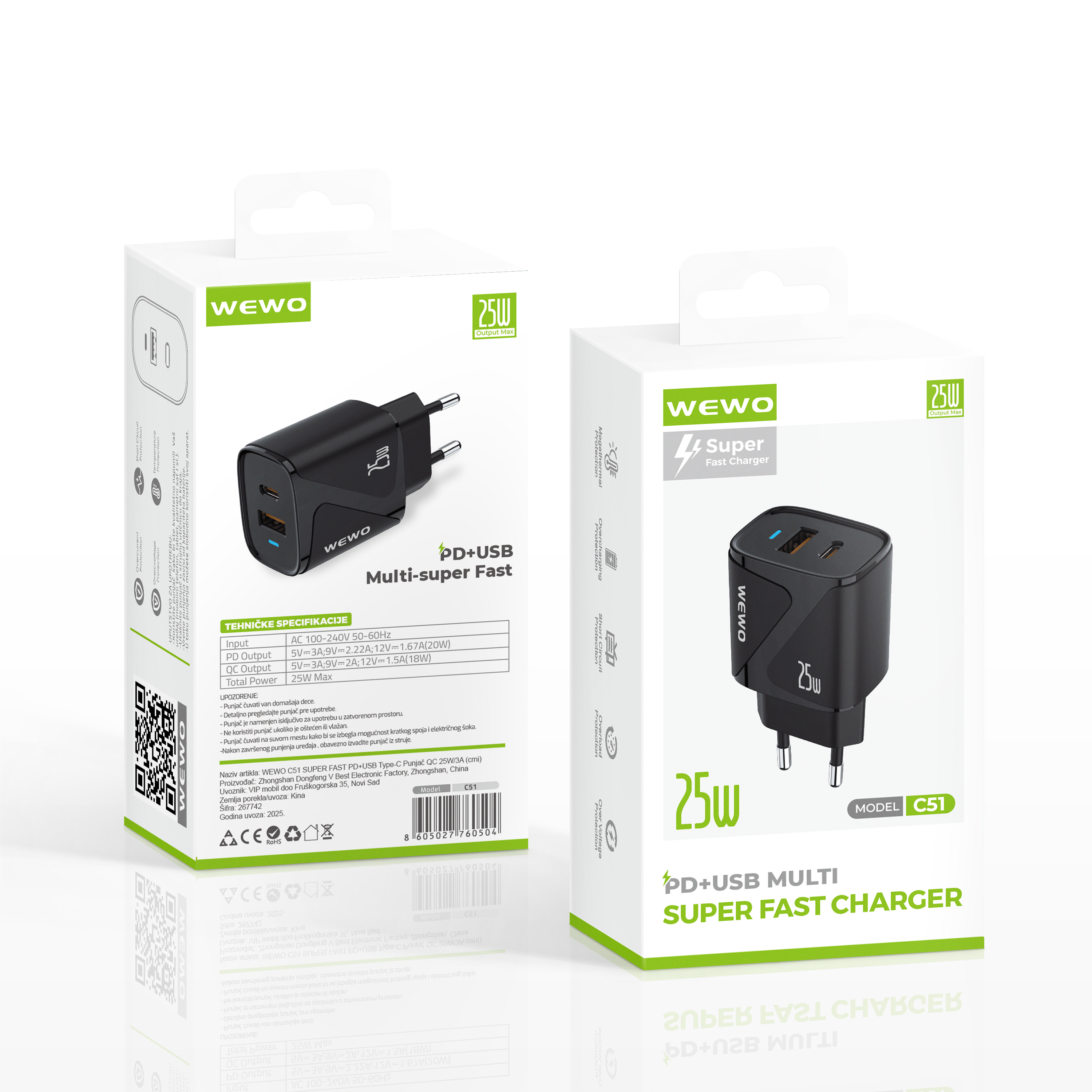 Wewo c51 super fast pd+usb type-c punjač qc 25w/3a (crni)