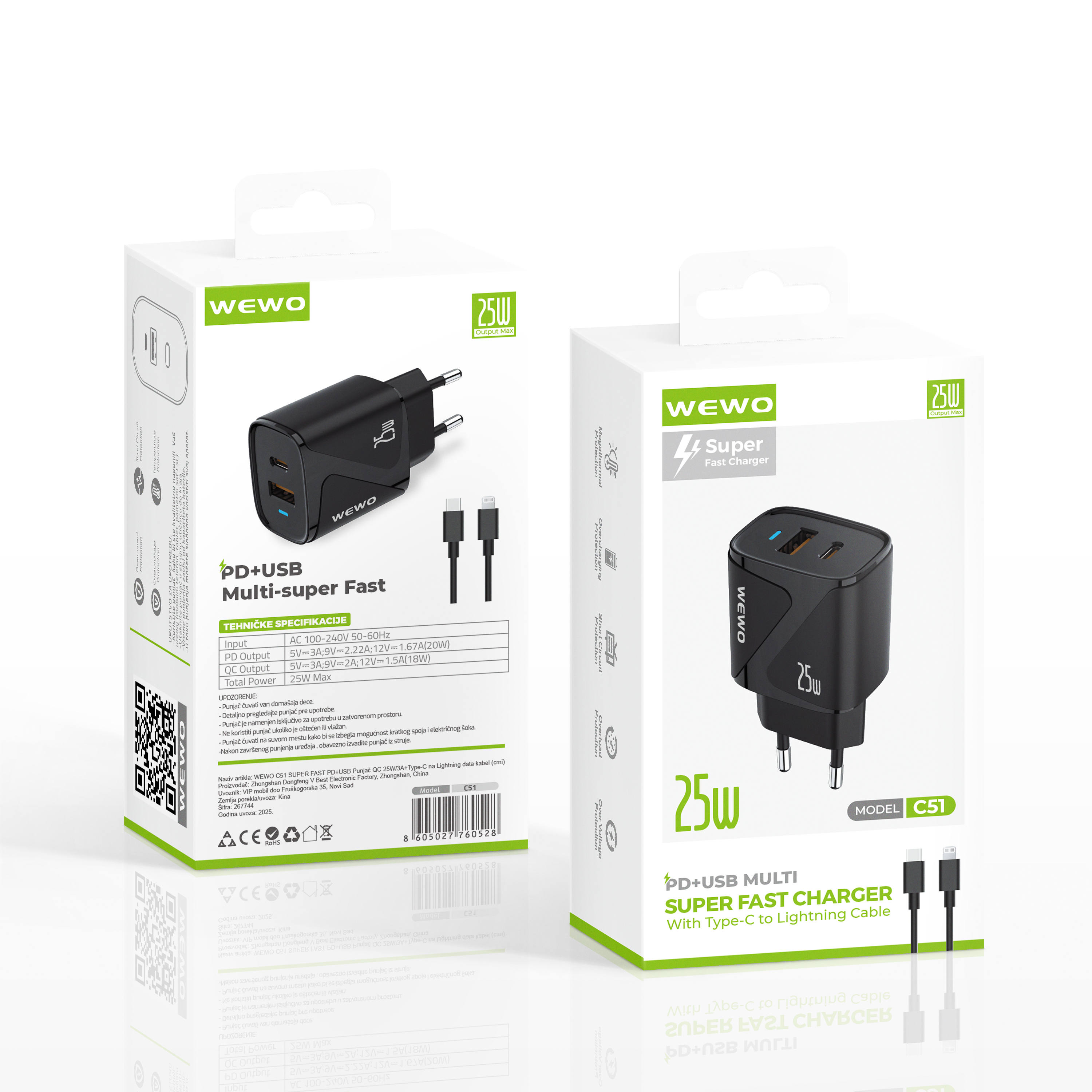 Wewo c51 super fast pd+usb punjač qc 25w/3a + type-c na lightning data kabel (crni)