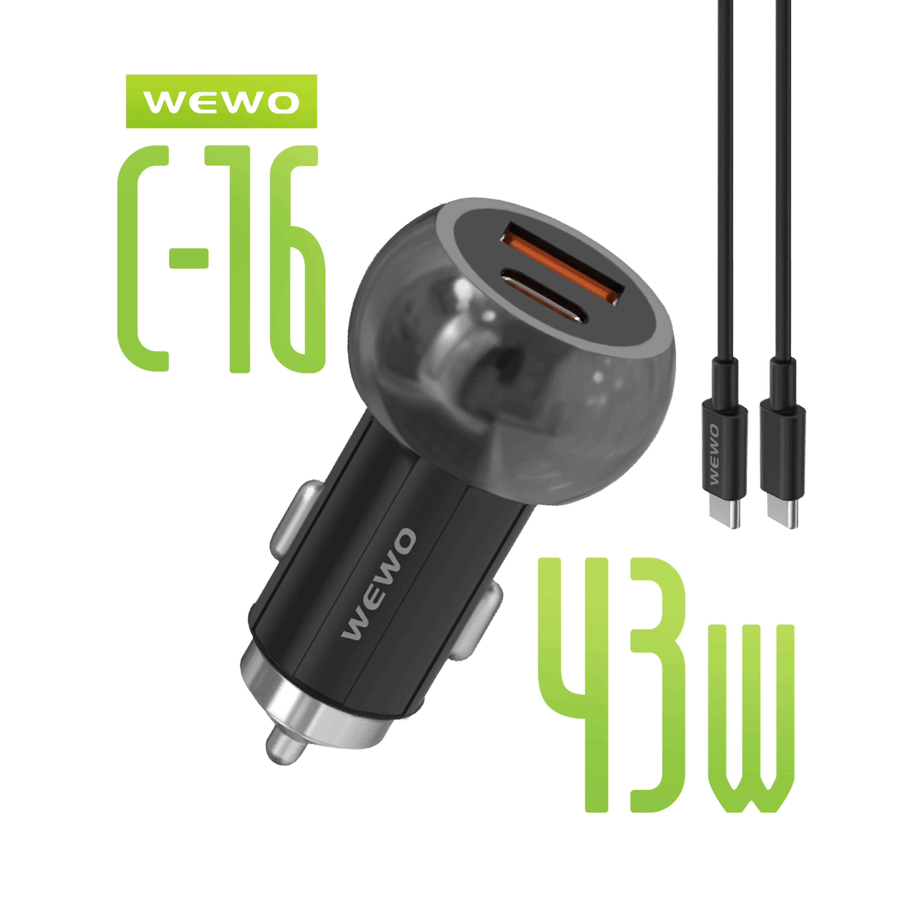 Wewo c-16 auto punjač pd + usb (43w/3a) sa type c na type c kablom (crni)
