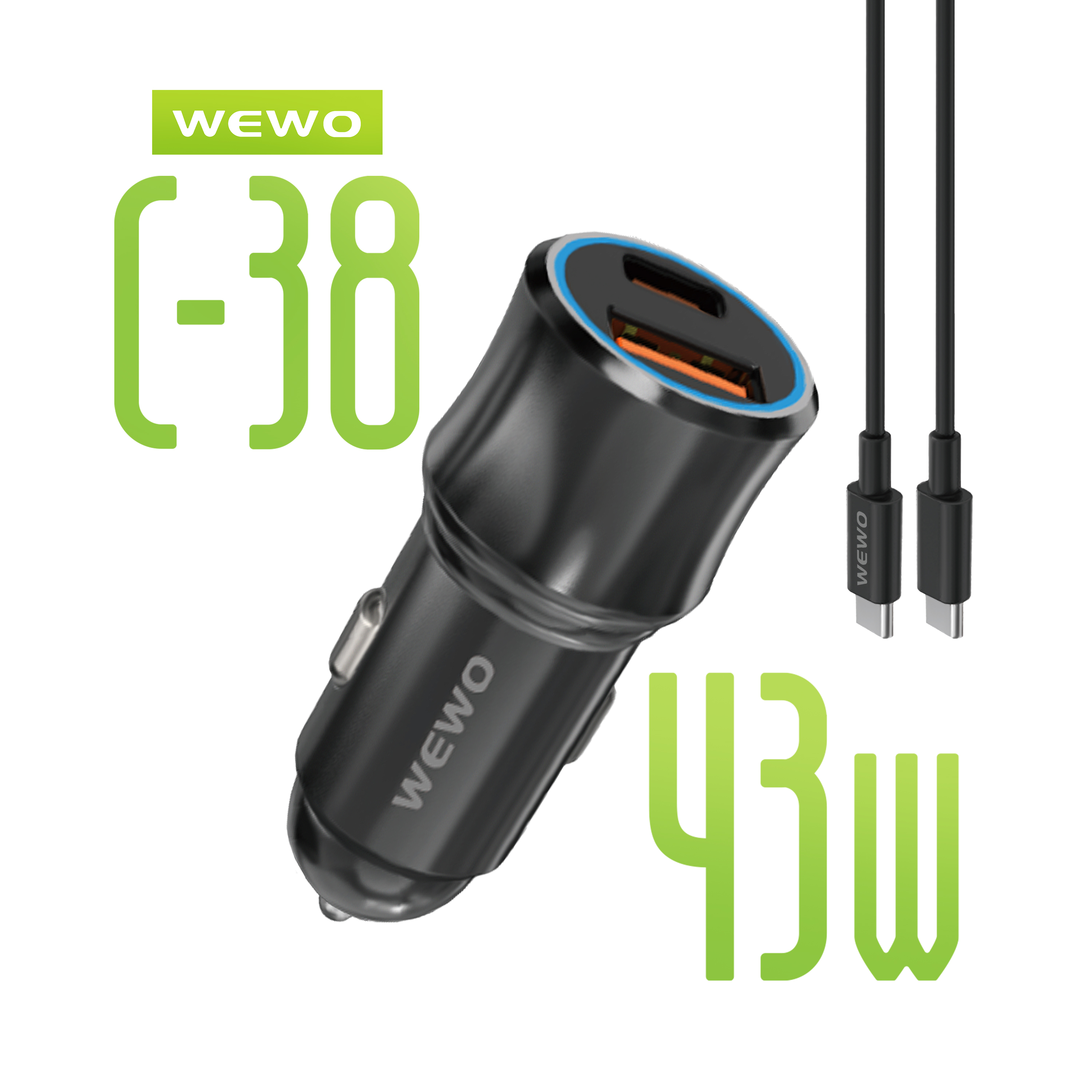 Wewo c-38 auto punjač pd + usb (43w/3a) sa type c na type c kablom (crni)