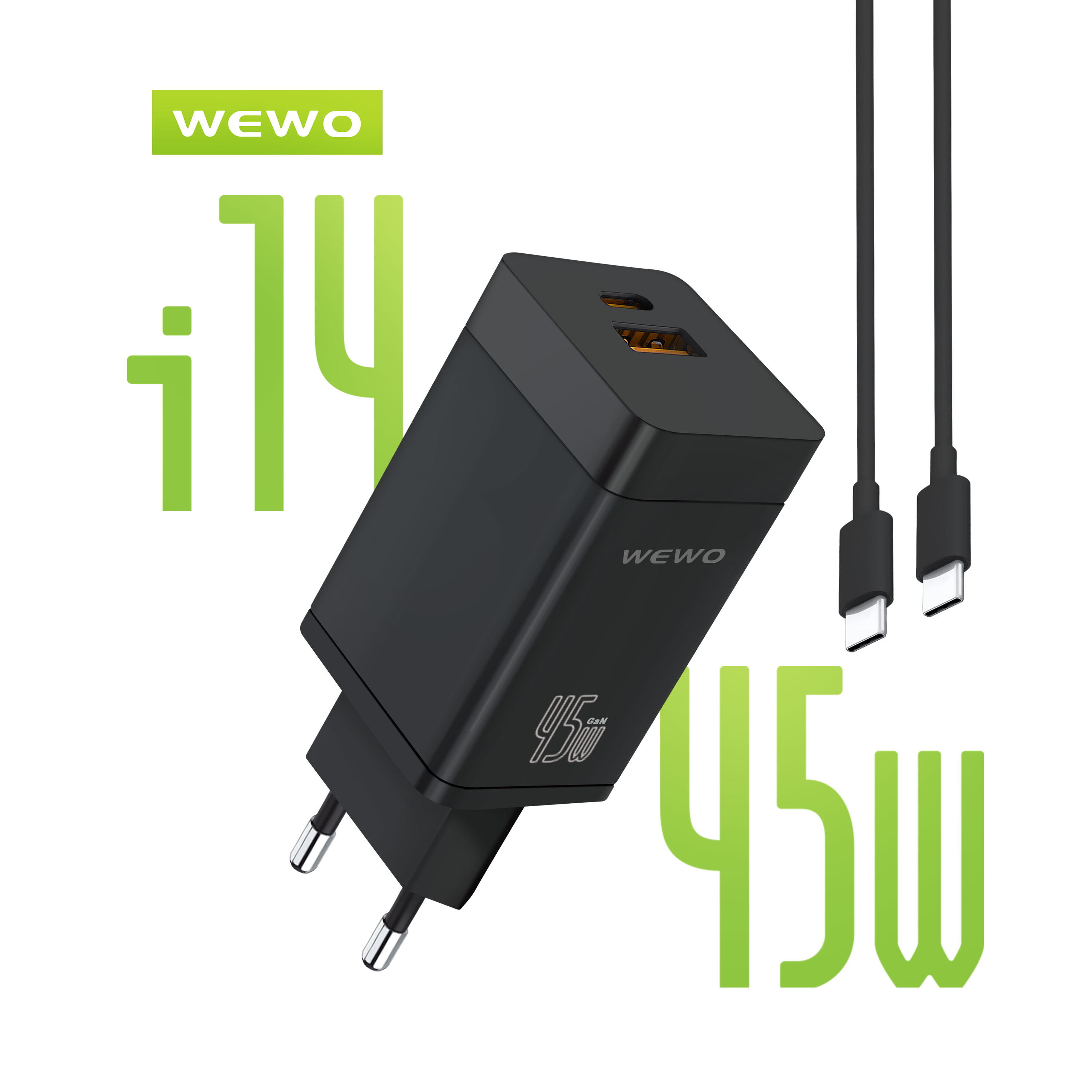 Wewo i14 pd+usb punjač qc 45w/3a + type-c to type-c data cable (crni)
