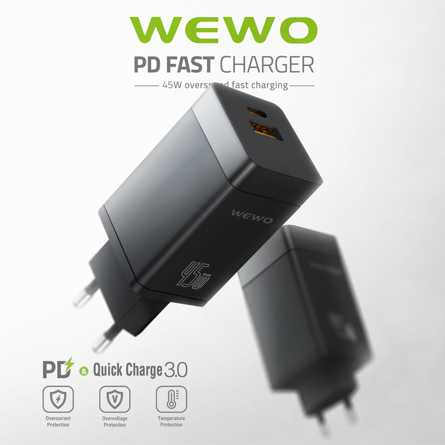 Wewo i14 pd+usb punjač qc 45w/3a + type-c to type-c data cable (crni)