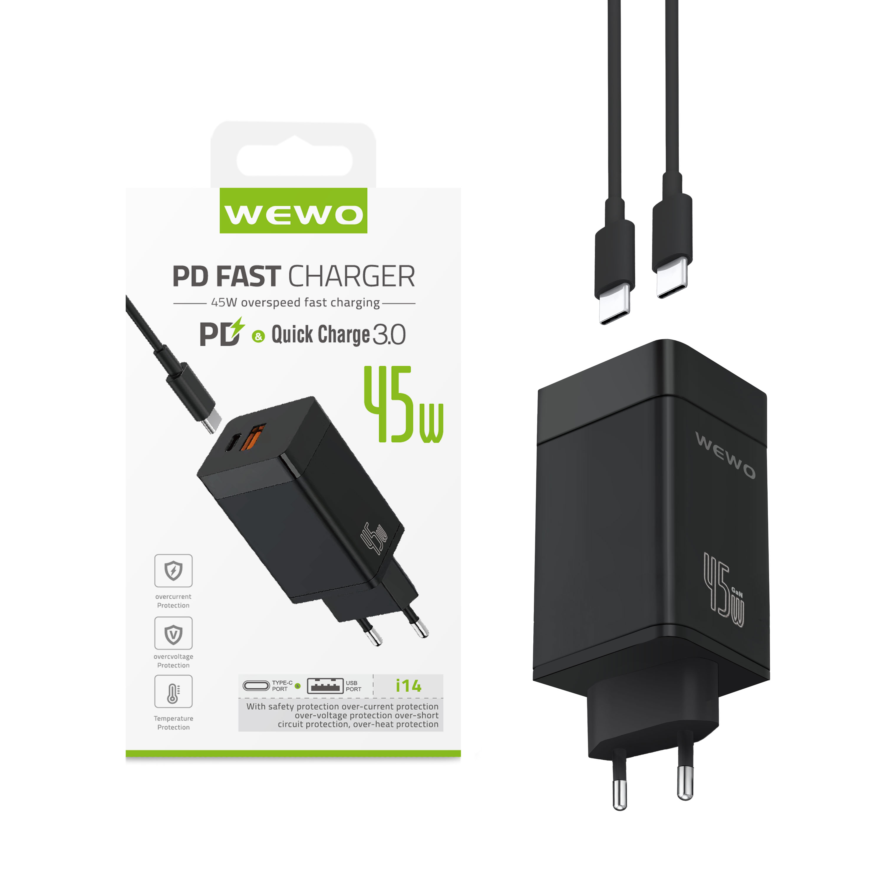 Wewo i14 pd+usb punjač qc 45w/3a + type-c to type-c data cable (crni)