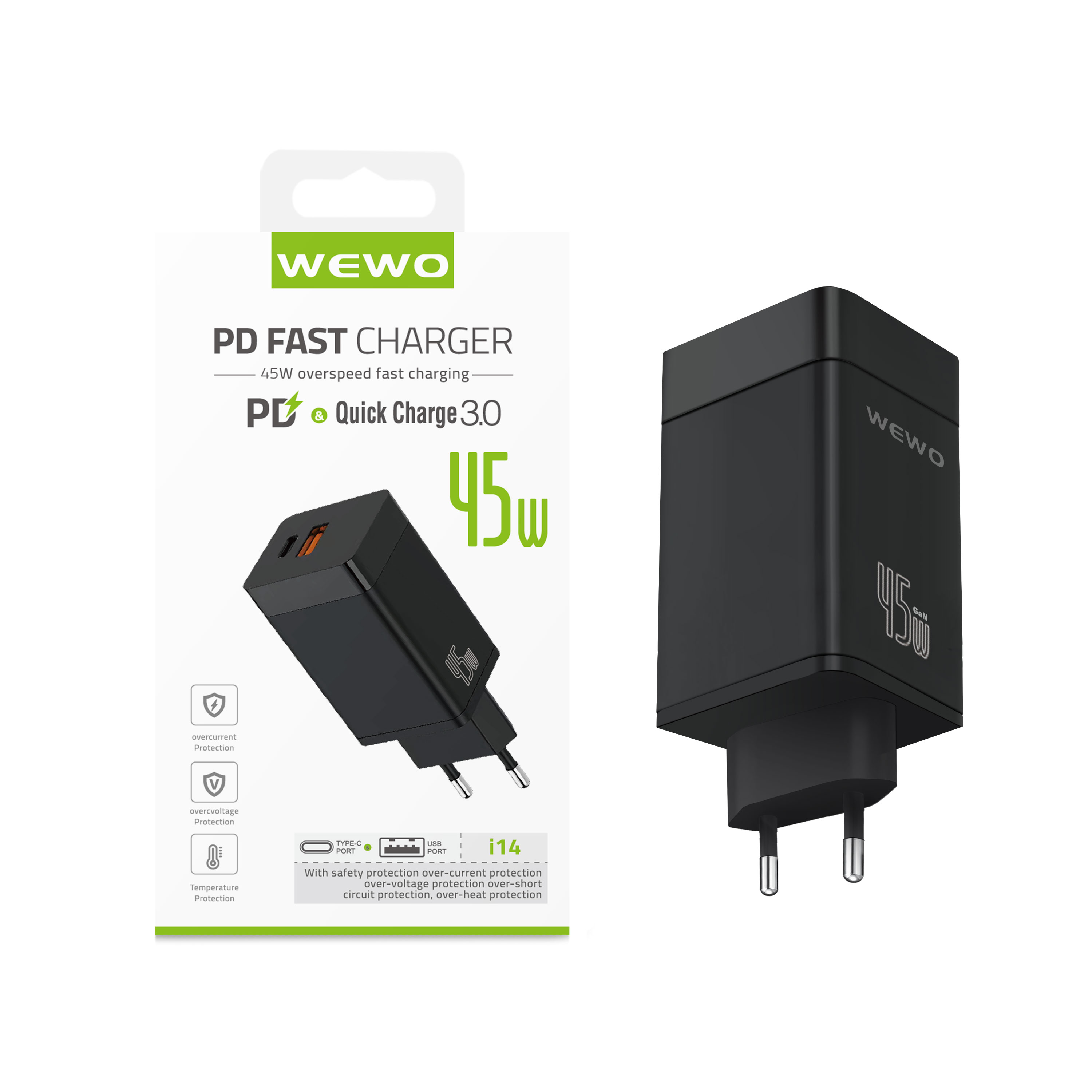 Wewo i14 pd+usb type-c punjač qc 45w/3a crni