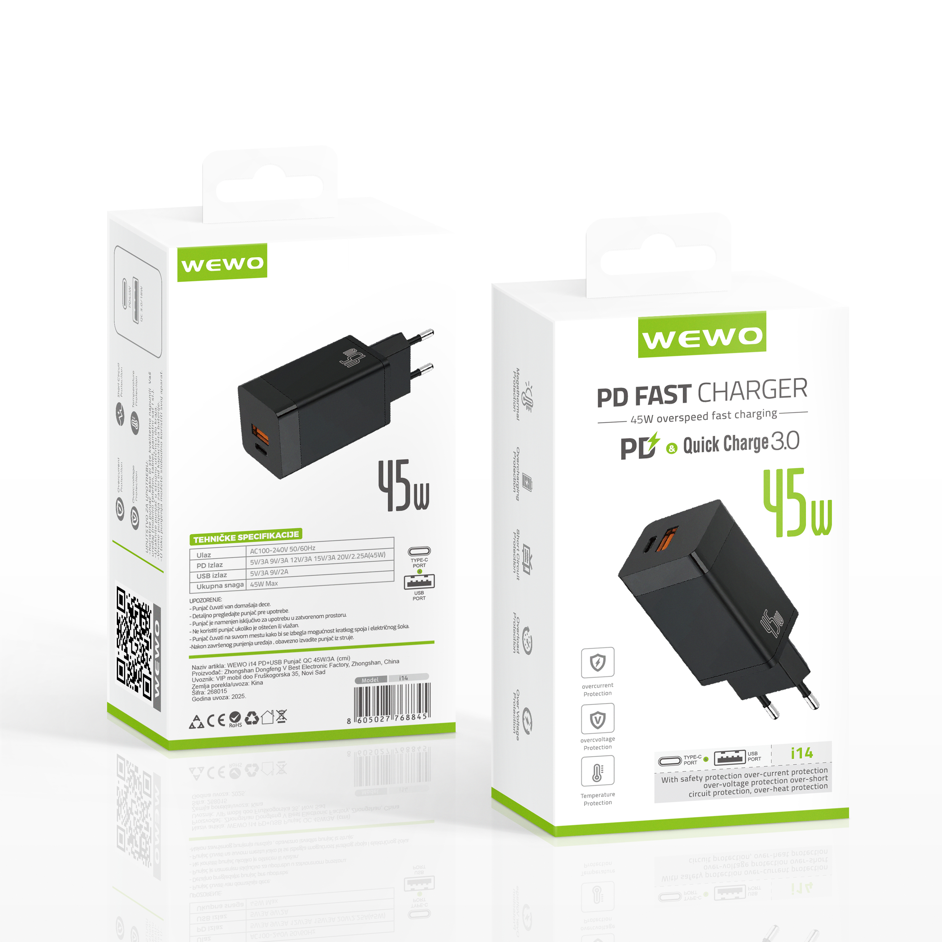 Wewo i14 pd+usb type-c punjač qc 45w/3a crni