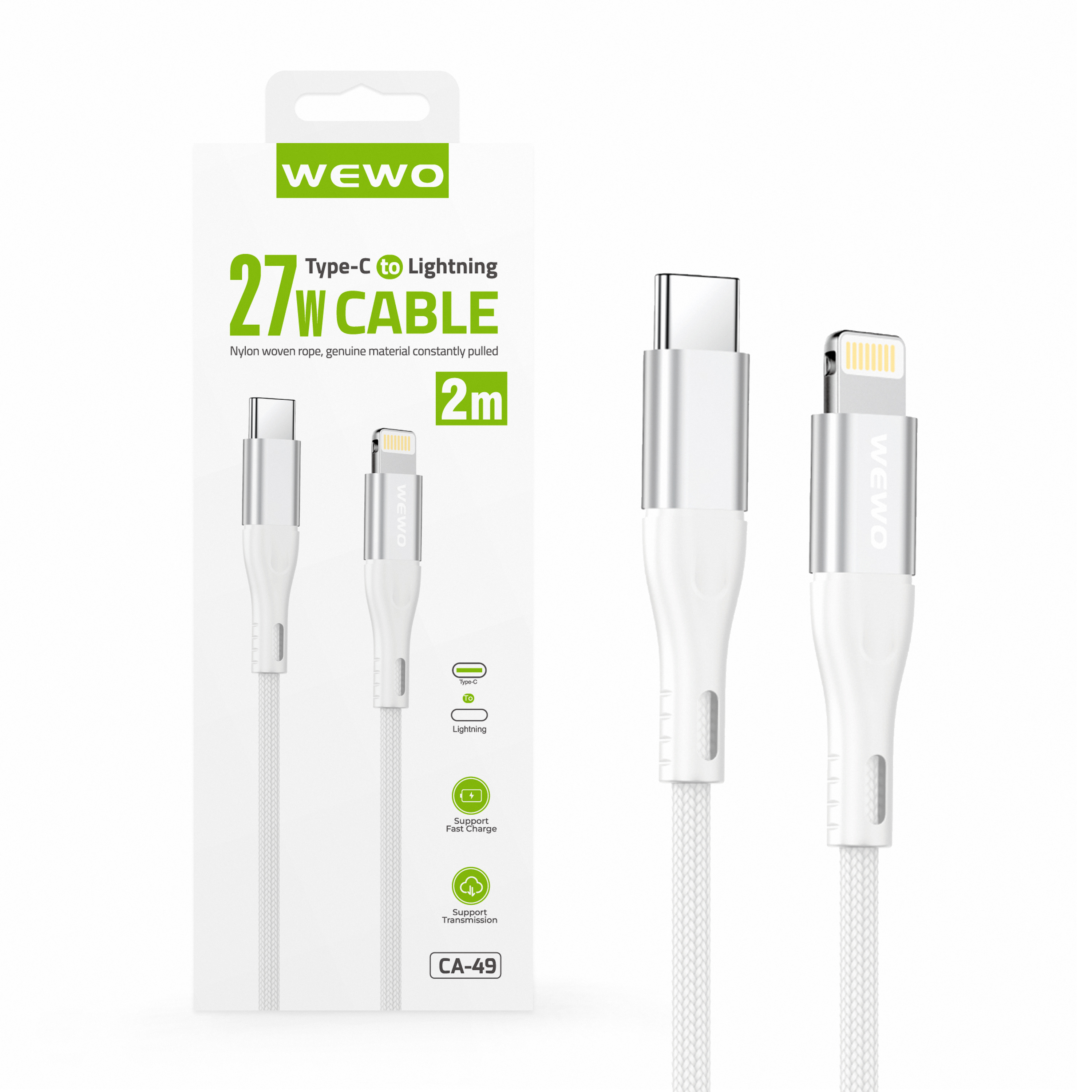 Usb data cable wewo ca-49 textile fast pd 27w/3a type c na lightning beli 2m