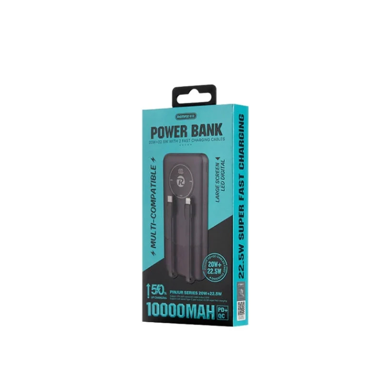 Power bank remax pinjur rpp-37 20w+22.5w pd/qc fast charge - built-in cables 10000mah (crni)
