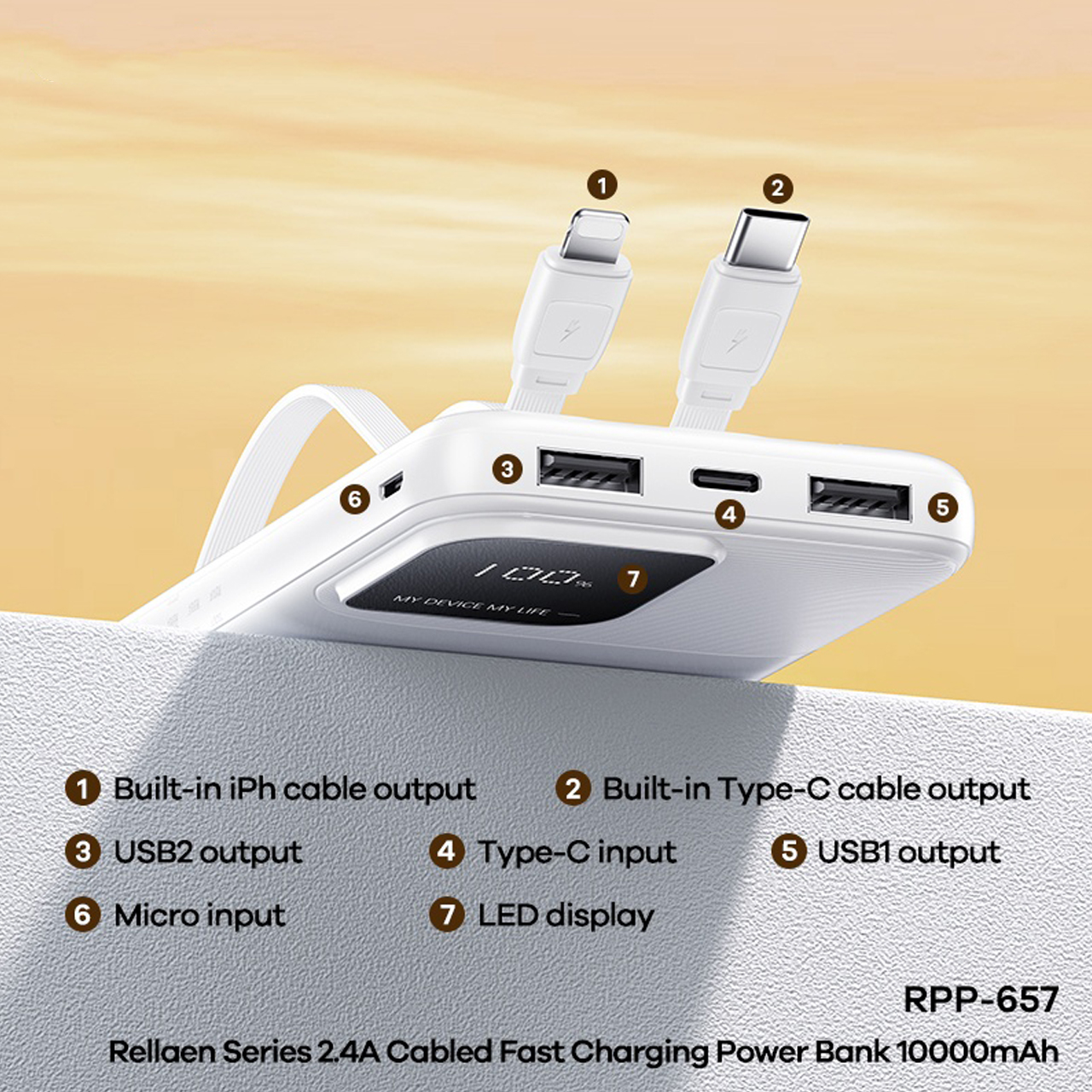 Power bank remax rellaen rpp-657 2.4a fast charge - built-in cable 10000mah (crni)
