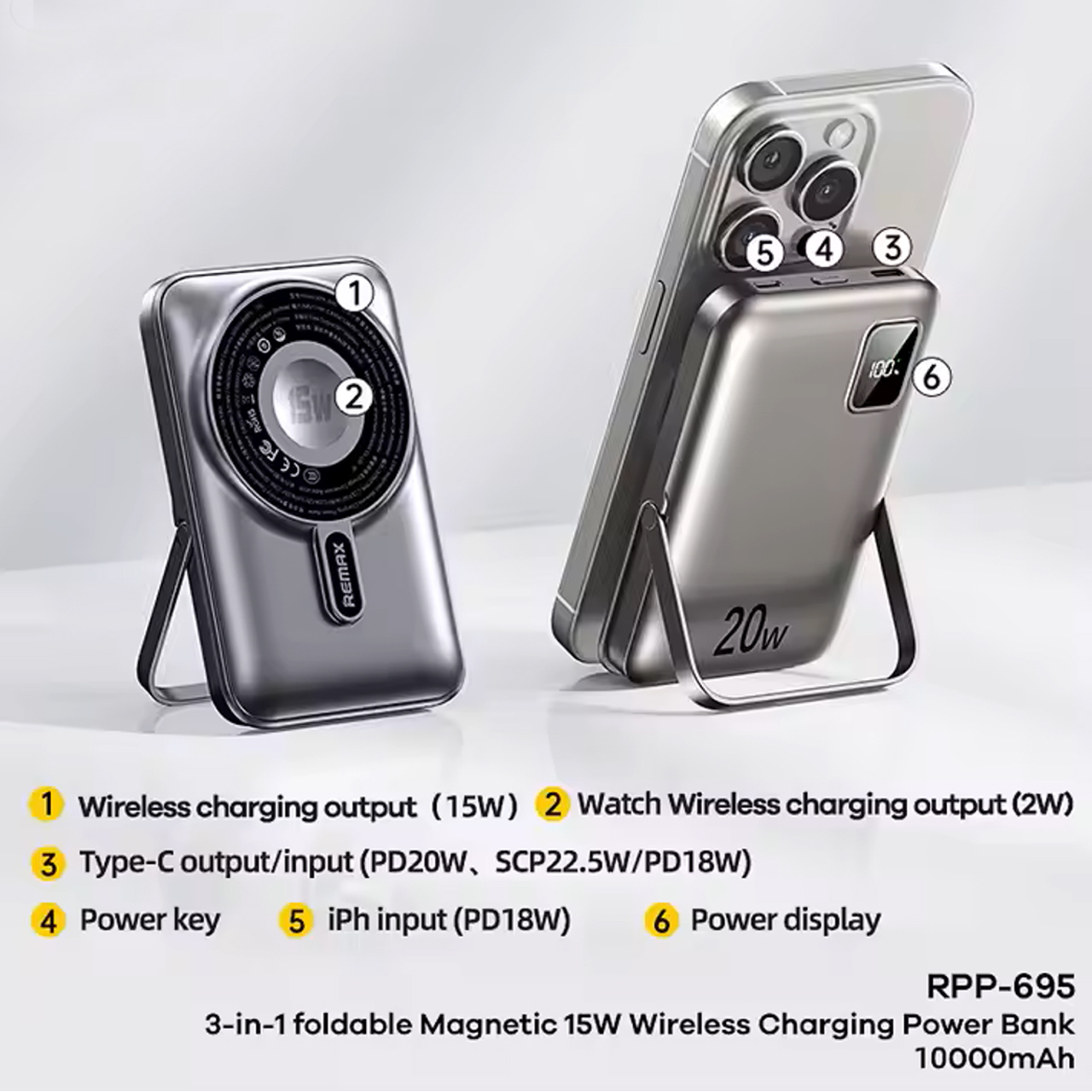 Power bank remax rpp-695 3in1 magnetic wireless fast charge - holder 10000mah (sivi)