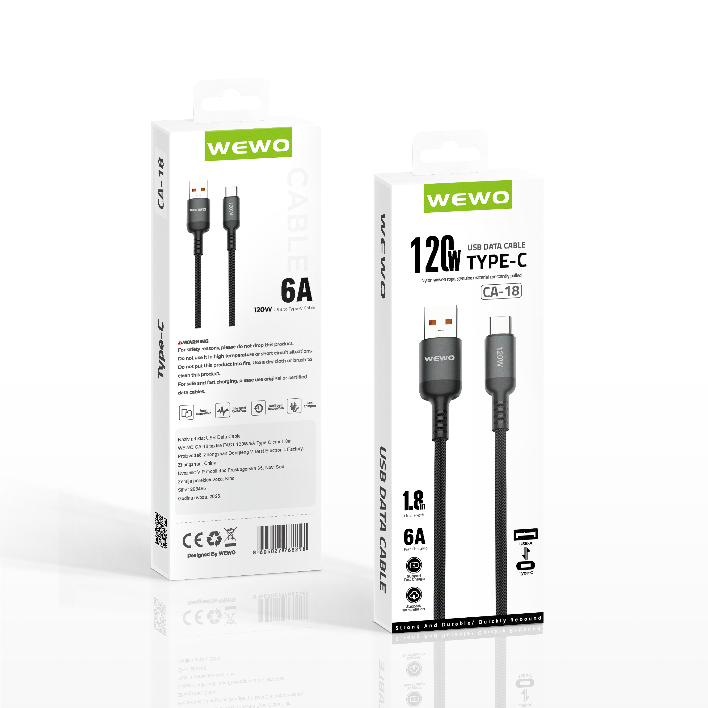 Usb data cable wewo ca-18 textile fast 120w/6a type c crni 1.8m