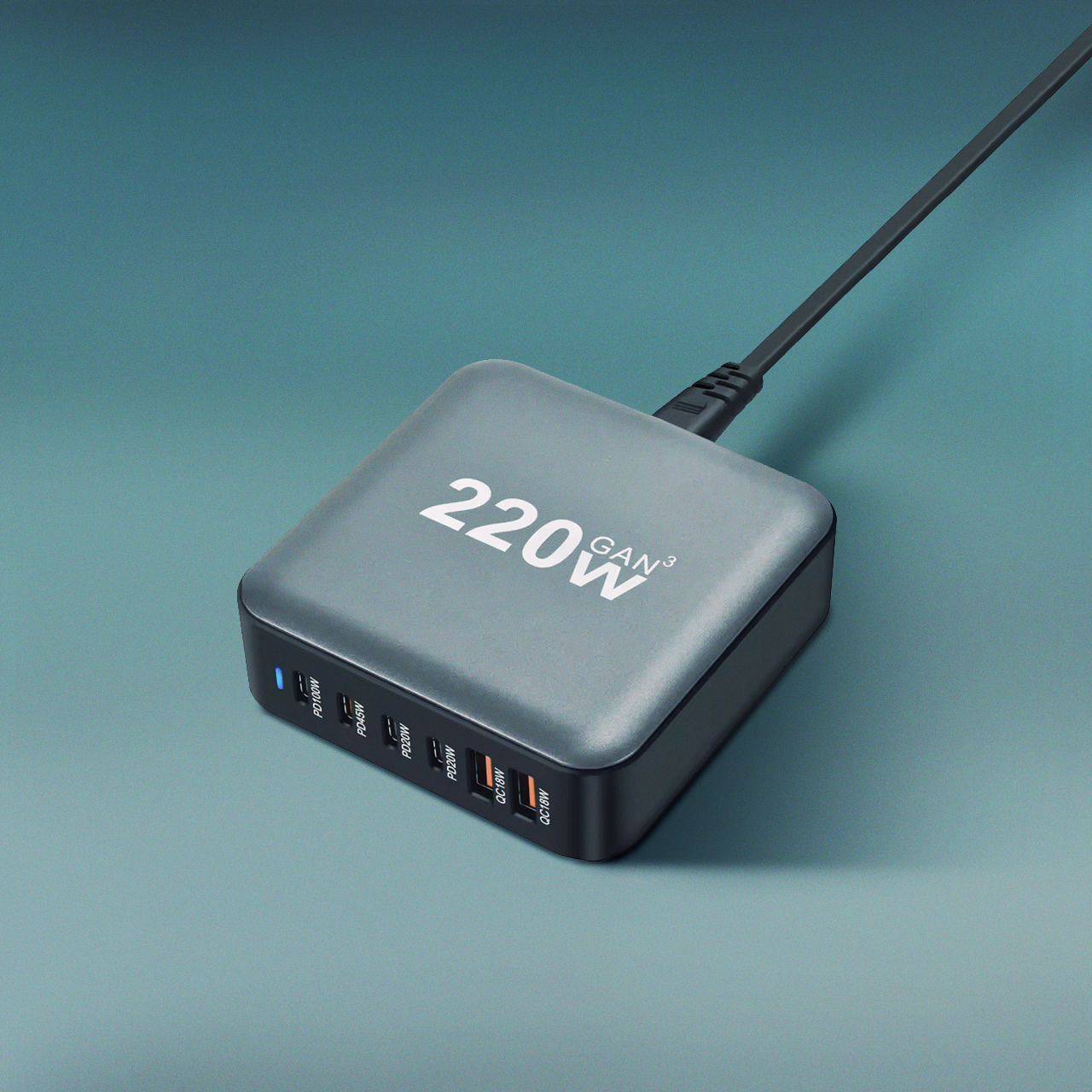 POWERFUL TD-LTE 220W GaN (2XPD 20W + PD 45W + PD 100W + 2XUSC QC 3.0 18W) crni