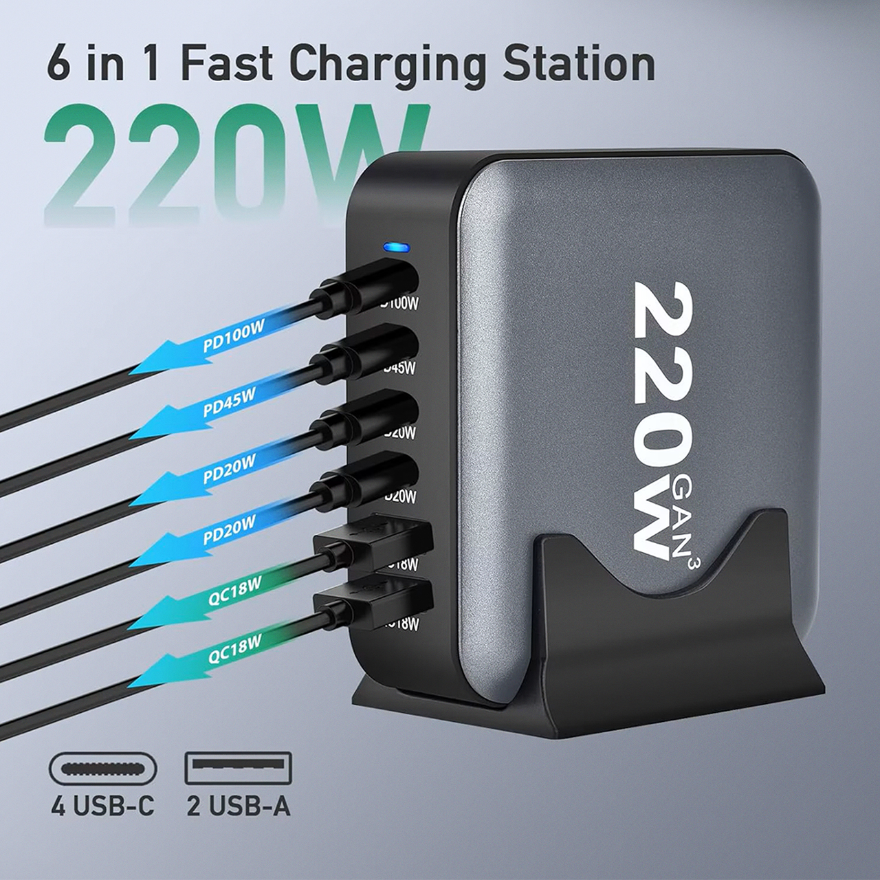 Powerful td-lte 220w gan (2xpd 20w + pd 45w + pd 100w + 2xusc qc 3.0 18w) crni