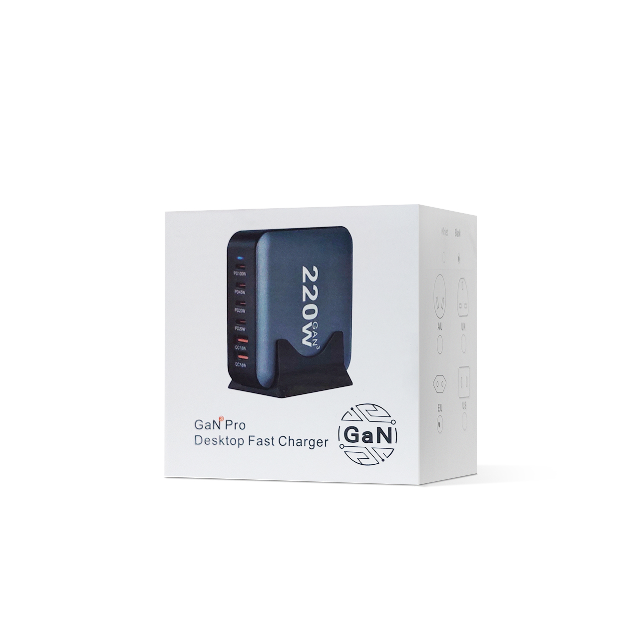 Powerful td-lte 220w gan (2xpd 20w + pd 45w + pd 100w + 2xusc qc 3.0 18w) crni