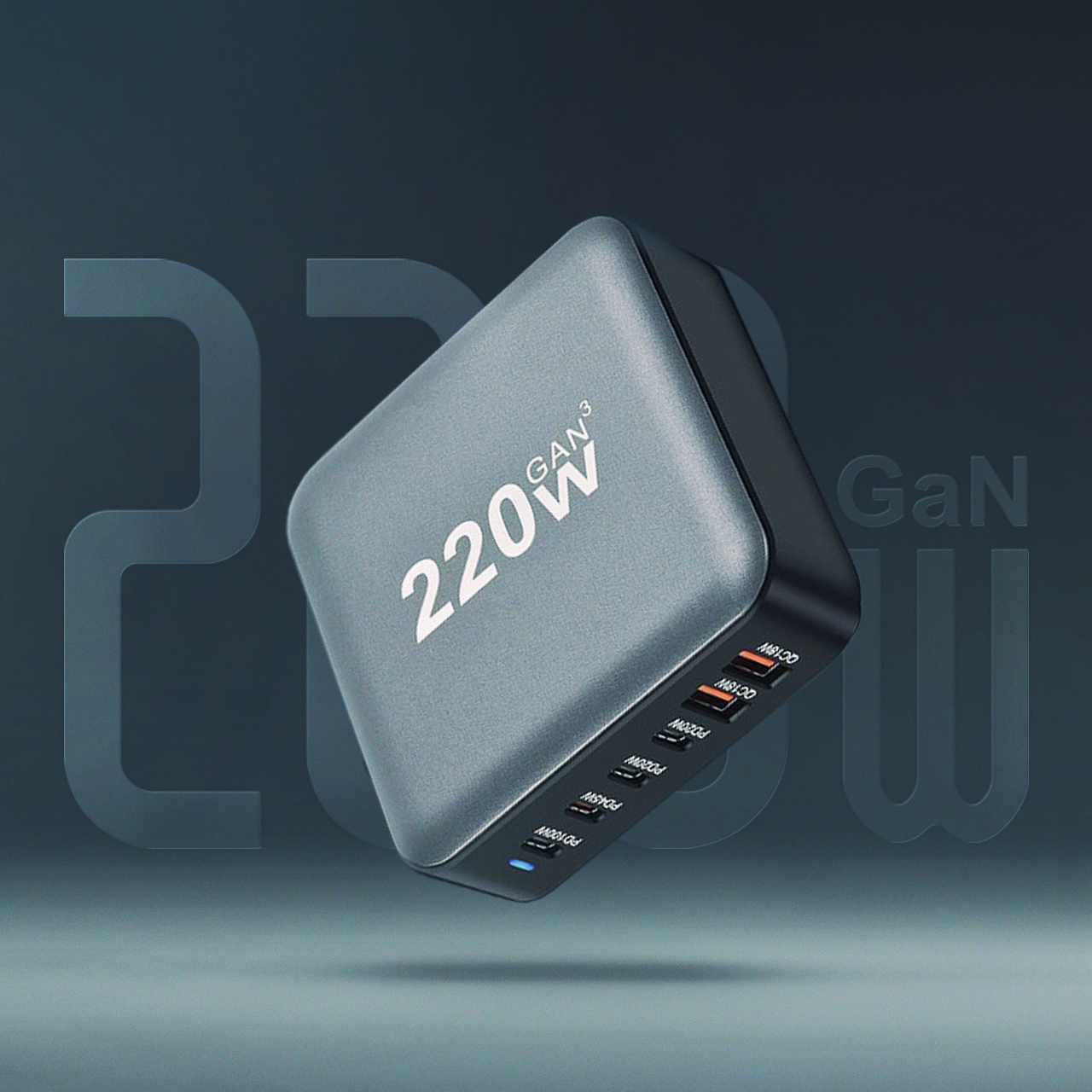 Powerful td-lte 220w gan (2xpd 20w + pd 45w + pd 100w + 2xusc qc 3.0 18w) crni