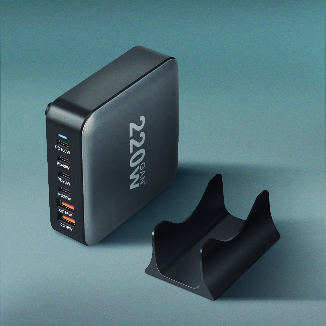 Powerful td-lte 220w gan (2xpd 20w + pd 45w + pd 100w + 2xusc qc 3.0 18w) crni