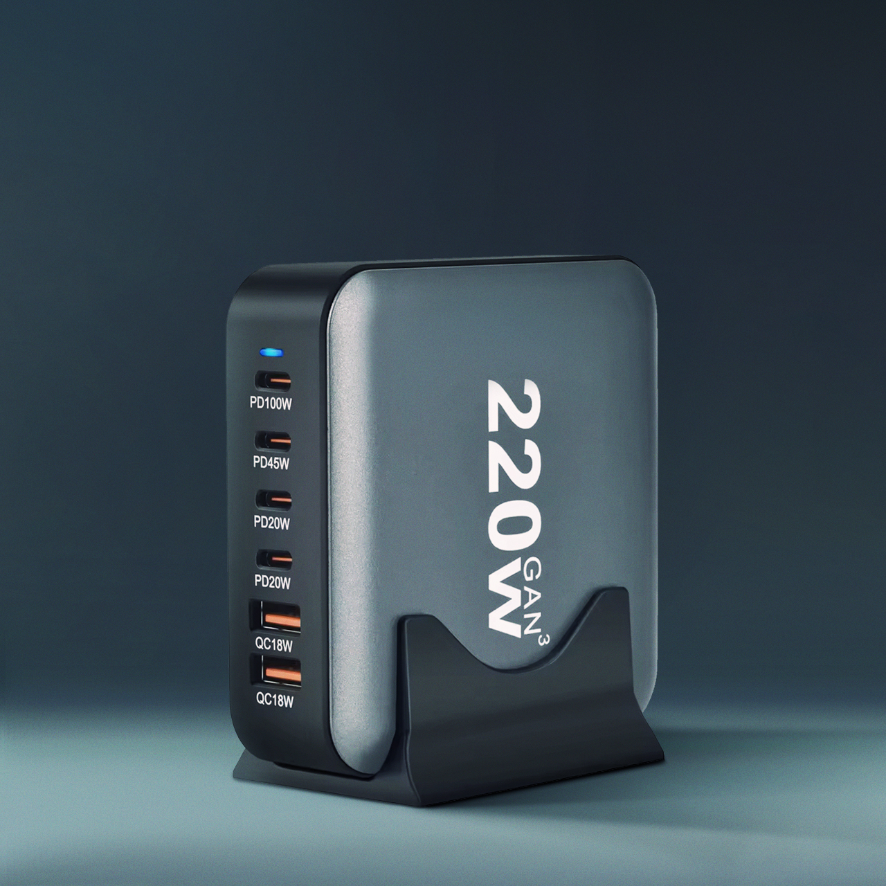 Powerful td-lte 220w gan (2xpd 20w + pd 45w + pd 100w + 2xusc qc 3.0 18w) crni