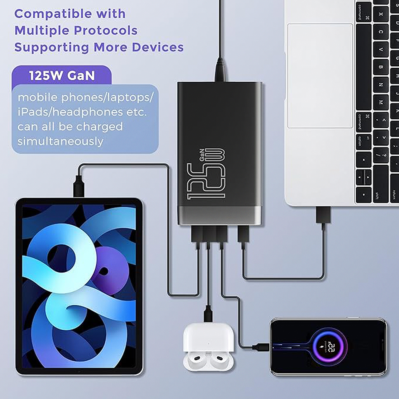 Powerful td-lte 125w gan (pd 65w + 2xpd + 2xusb qc 3.0) crni