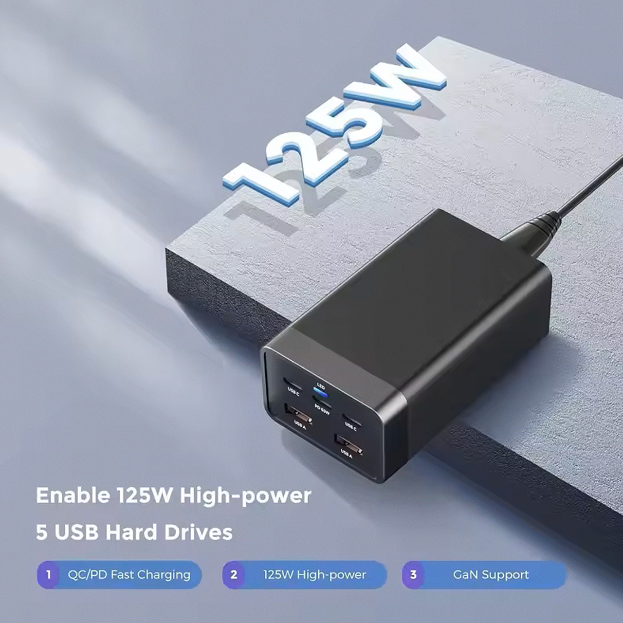 Powerful td-lte 125w gan (pd 65w + 2xpd + 2xusb qc 3.0) crni