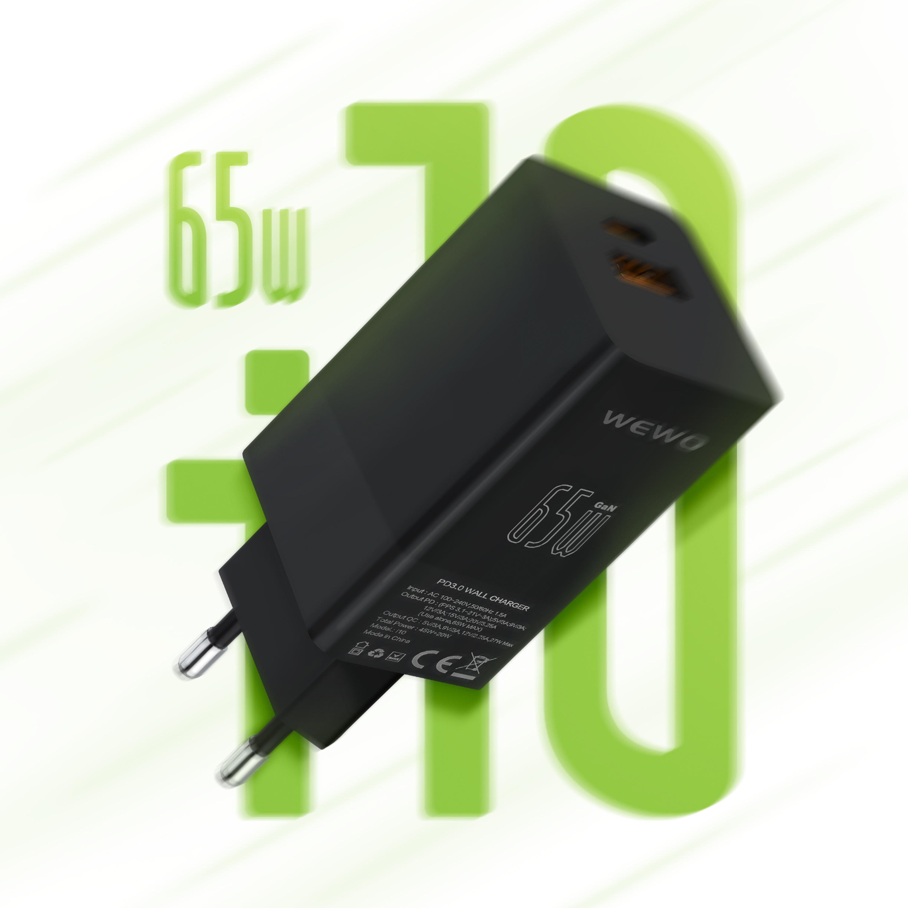 Wewo i10 pd+usb type-c punjač qc 65w/3a crni