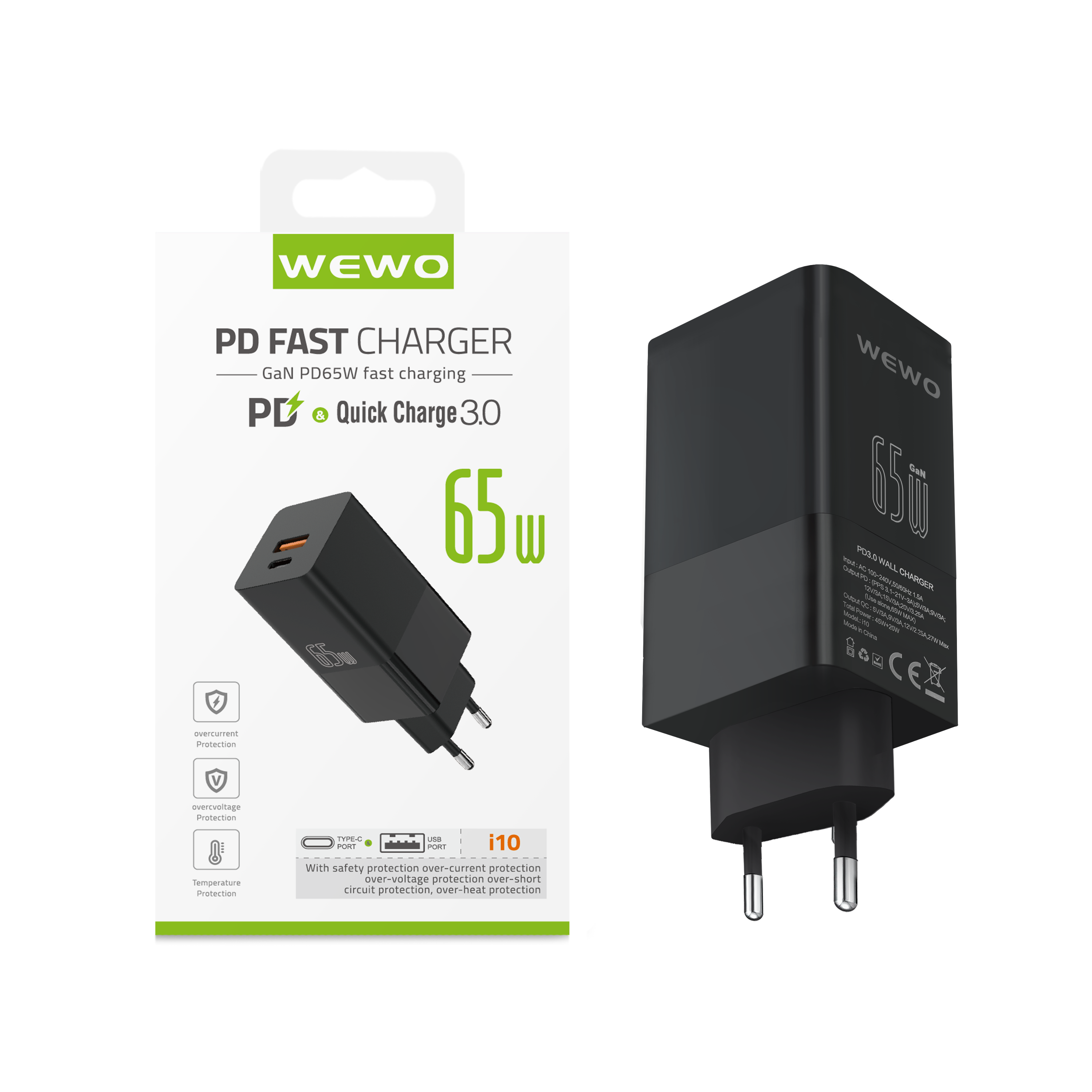 Wewo i10 pd+usb type-c punjač qc 65w/3a crni