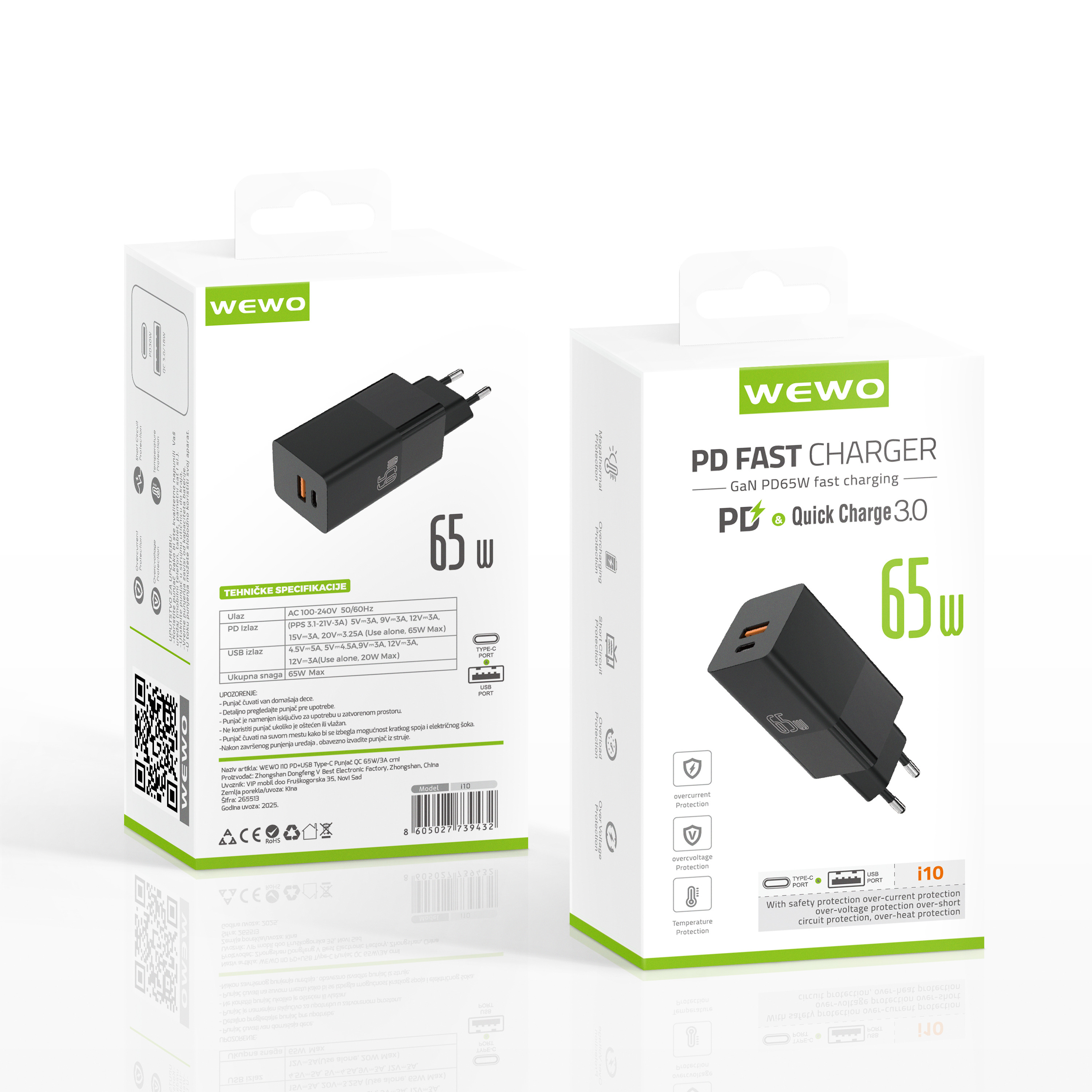 Wewo i10 pd+usb type-c punjač qc 65w/3a crni