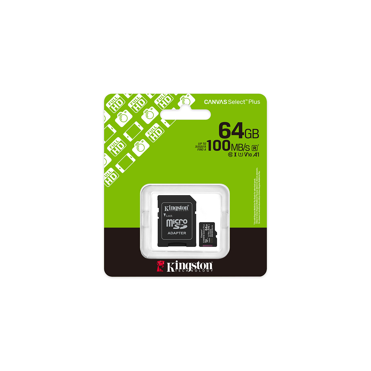 Kingston Micro SD 64GB Canvas Select Plus Class 10 UHS-I U1 V10 A1, Read up to 100MB/s, w/SD adapter