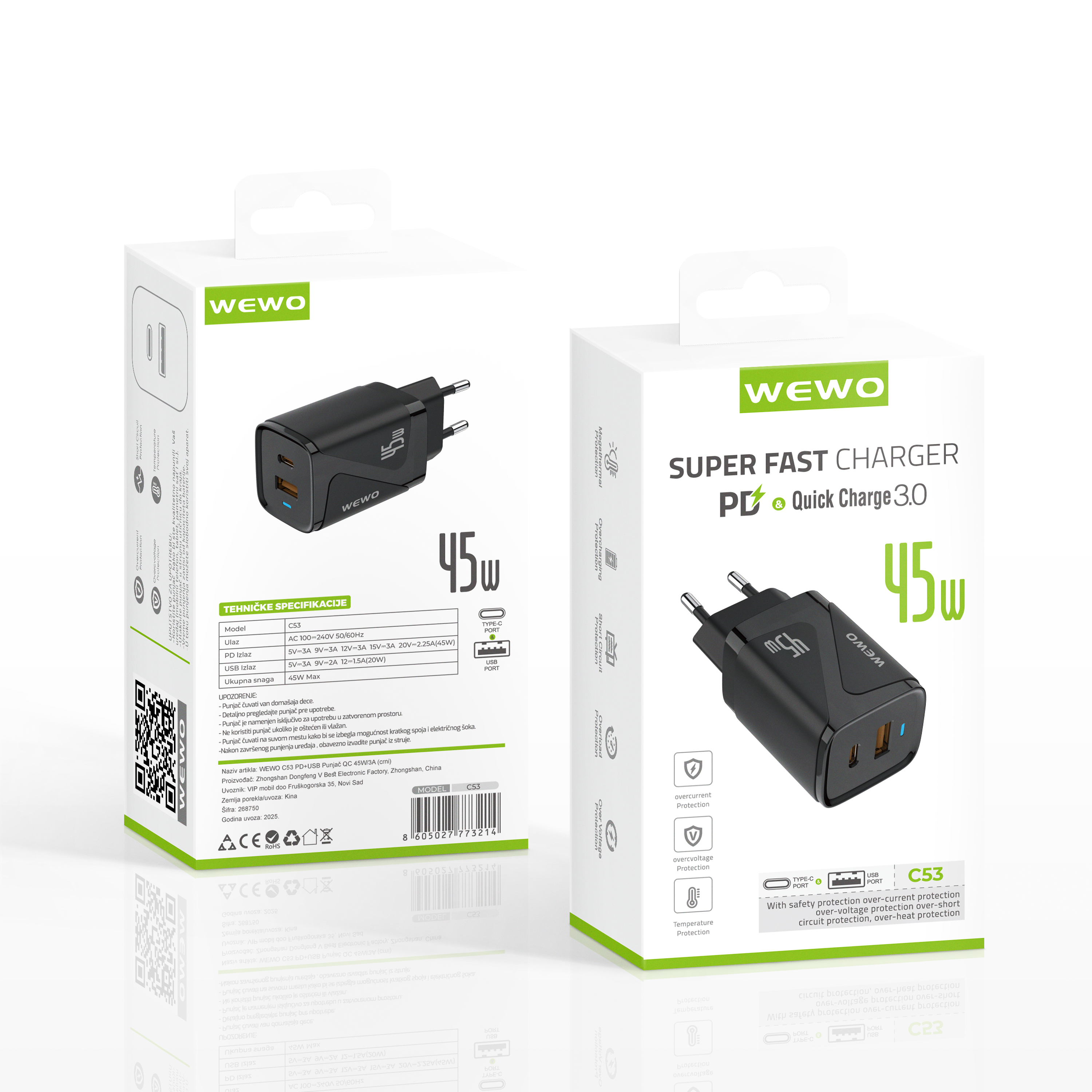 Wewo c53 pd+usb punjač qc 45w/3a (crni)